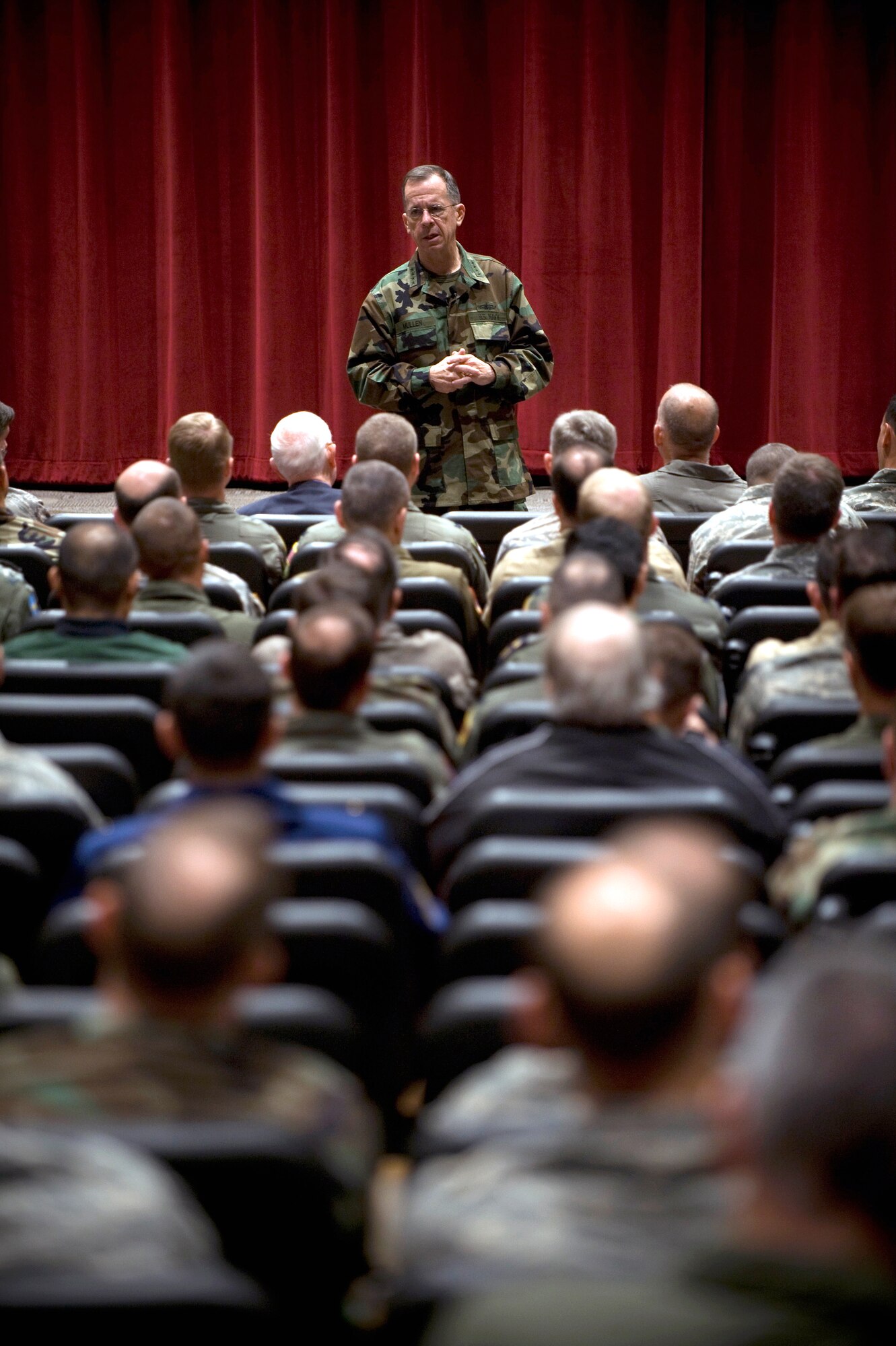 Navy Adm. Mike Mullen, chairman of the Joint Chiefs of Staff, addresses students assigned to the Air War College at Maxwell Air Force Base, Ala., on Oct. 28. (DoD photo by Navy Petty Officer 1st Class Chad J. McNeeley)