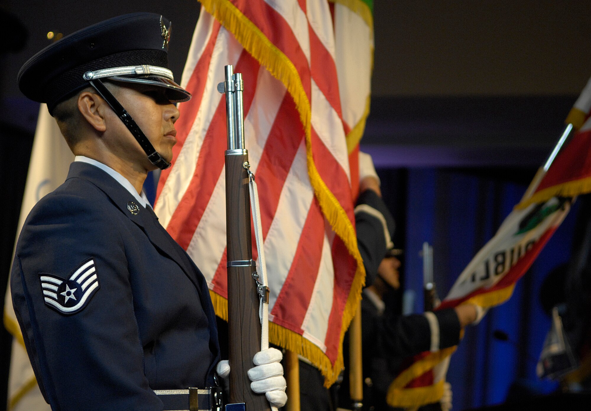 VANDENBERG AIR FORCE BASE, Calif.--  The Vandenberg Honor Guard posts the colors during the Italian Cosmo-SkyMed post-launch reception at Pacific Coast Club Oct. 24.(U.S. Air Force Photo/ Airman 1st Class Andrew Lee)