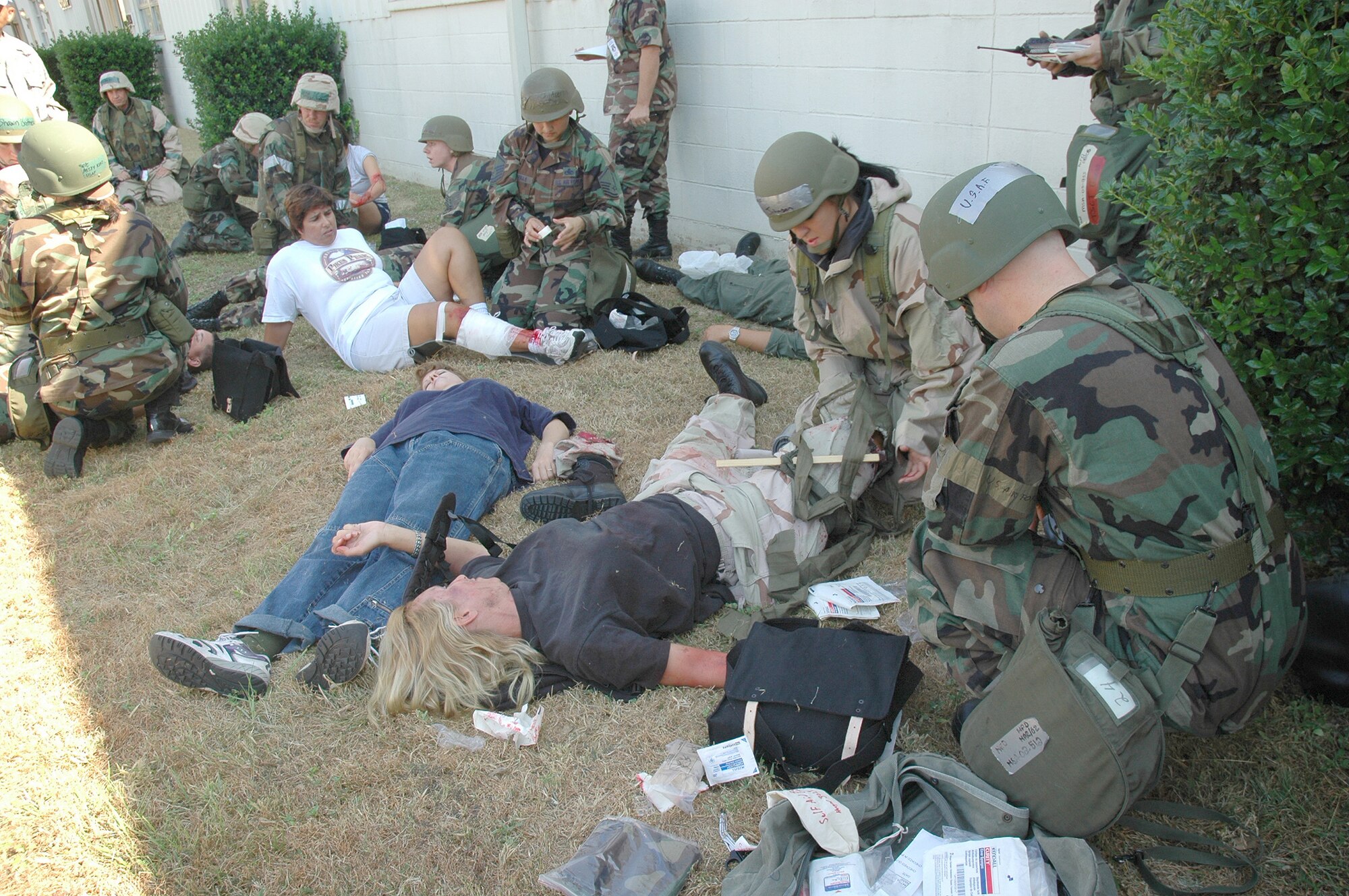 The 919th Maintenance Operation Control was simulated attacked and destroyed by a foreign national suicide bomber during the Ability To Survive and Operate (ATSO) exercise outside of the Maintenance Group building Oct. 5. The scenario depicted a suicide bomber who blew herself up outside of the building and injured nine other by standers. The suicide bomber lost her leg in the initial blast and had an additional device concealed to be detonated when military personnel began to administer Self Aid Buddy Care (SABC) as they arrived on scene to assist. This ATSO exercise gave the 919th Special Operations Wing personnel vital training on how to respond and fulfill mission requirements when a location comes under hostile fire. The training evaluated how well personnel used their chemical protection ensemble, how they recognized unexploded munitions, and cordoned off the area to prevent other personnel from detonating the devices.
(U.S. Air Force Photo by Tech. Sgt. Monique Randall)