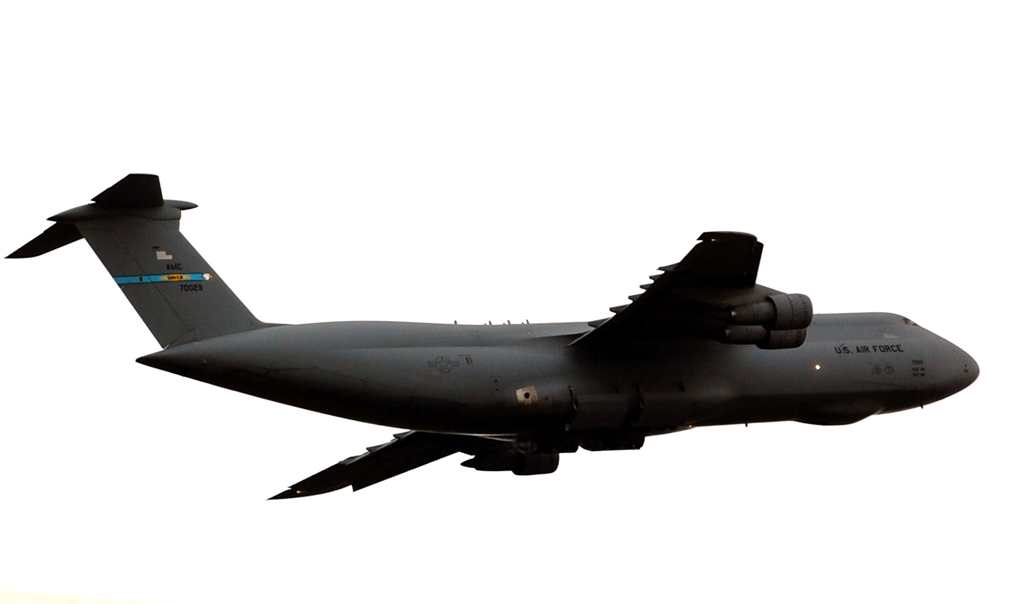 A C-5 Galaxy temporarily stationed at McGuire Air Force Base, N.J., from the Tennessee Air National Guard at Memphis takes off for a mission from McGuire Oct. 29, 2008.  The C-5 is one of the many aircraft that helps Air Mobility Command and the Air Force to "fly, fight and win...in air, space and cyberspace." (U.S. Air Force Photo/Tech. Sgt. Scott T. Sturkol)