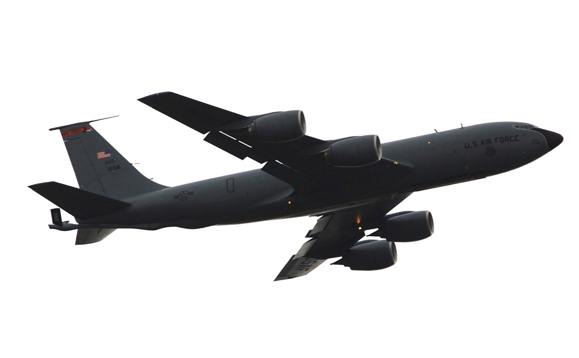 A KC-135 Stratotanker takes off for a mission from McGuire Air Force Base, N.J., Oct. 29, 2008.  The KC-135 is assigned to the 108th Air Refueling Wing of the New Jersey Air National Guard at McGuire.  The KC-135 is also one of the types of aircraft stationed at McGuire that helps the Air Force and Air Mobility Command complete it's mission to "fly, fight and win...in air, space and cyberspace." (U.S. Air Force Photo/Tech. Sgt. Scott T. Sturkol)
