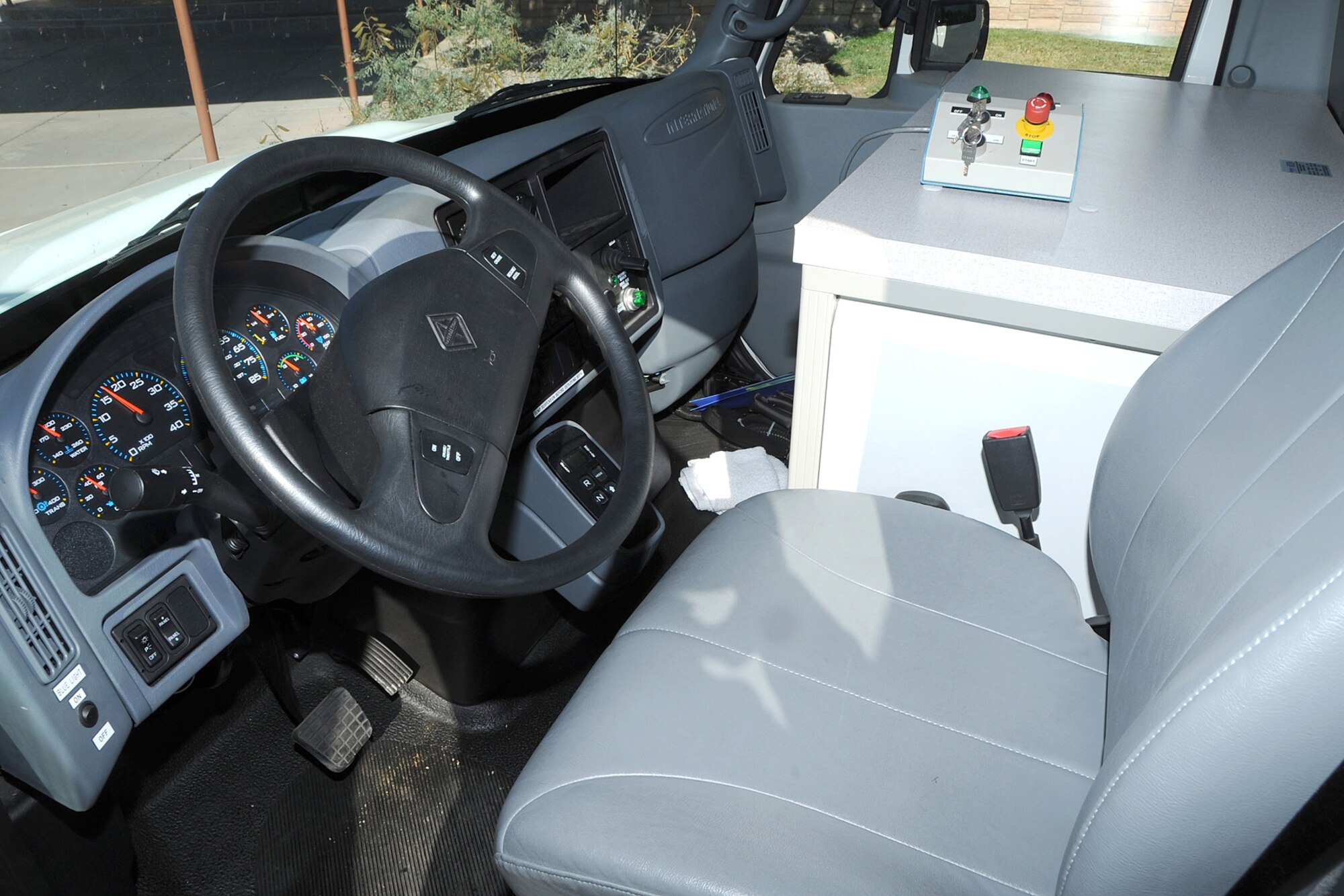 Pictured is the drivers seat of the Rapiscan GaRDS Mobile imaging system where a driver can move the system past parked vehicles while scanning them with an x-ray imaging system. Two GaRDS Systems were donated by Rapiscan Systems Inc. to Holloman Air Force Base, N.M., October 29. (U.S. Air Force photo/Tech Sgt. Chris Flahive)