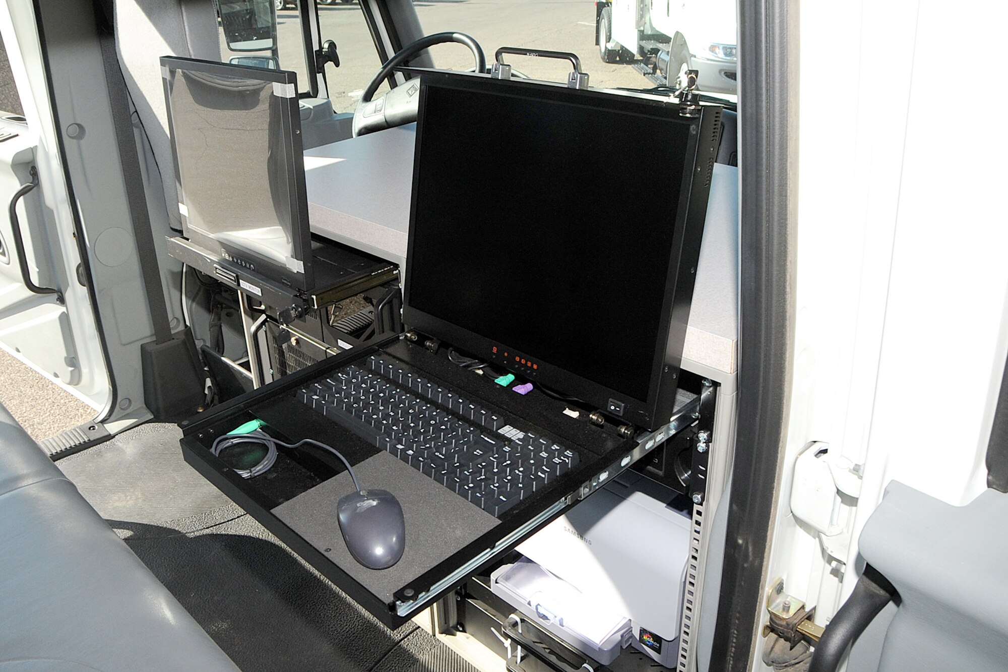 Pictured is the Rapiscan Gamma Ray Detection Mobile imaging system where an operator can view an x-ray of vehicles from within the cab of the truck. Two Gamma Ray Detections Systems were donated by Rapiscan Systems Inc. to Holloman Air Force Base, N.M., October 22. (U.S. Air Force photo/Tech Sgt. Chris Flahive)