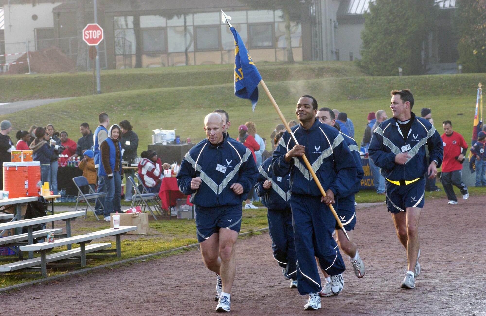 The 431 Air Base Group becomes the first Air Force Unit to participate in the U.S. Army Garrison Kaiserslautern's Red Ribbon Relay held Oct. 25 at the track near the Vogelweh Commissary. The team’s total was 600 laps or about 150 miles at the three-hour event. Photo by Christine June, USAG Kaiserslautern.                                      
