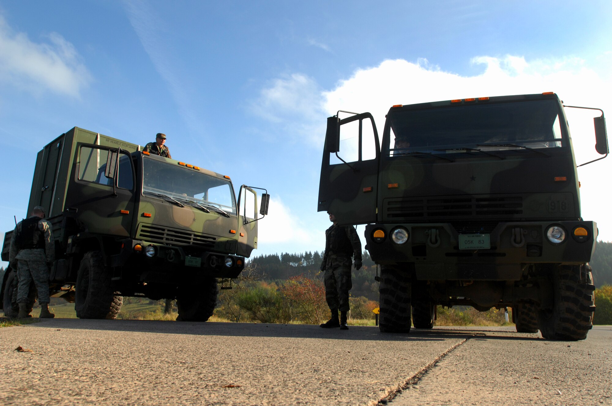 New Creek Defender cadre with the 786th Security Forces Squadron prepare for convoy training and route survey in Light Medium Tactical Vehicles during a week-long Creek Defender cadre instructor?s course, Baumholder, Germany, Oct. 23, 2008. (U.S. Air Force photo Airman 1st Class Kenny Holston)