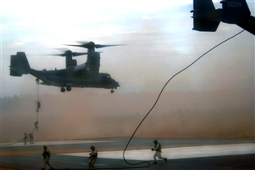 U.S. Army Special Forces members disembark from a CV-22 Osprey aircraft during a fast-roping demonstration on Hurlburt Field, Fla., Oct. 22, 2008. The simulation provided members of Congress with a realistic view of special operation missions during a tour of the base.