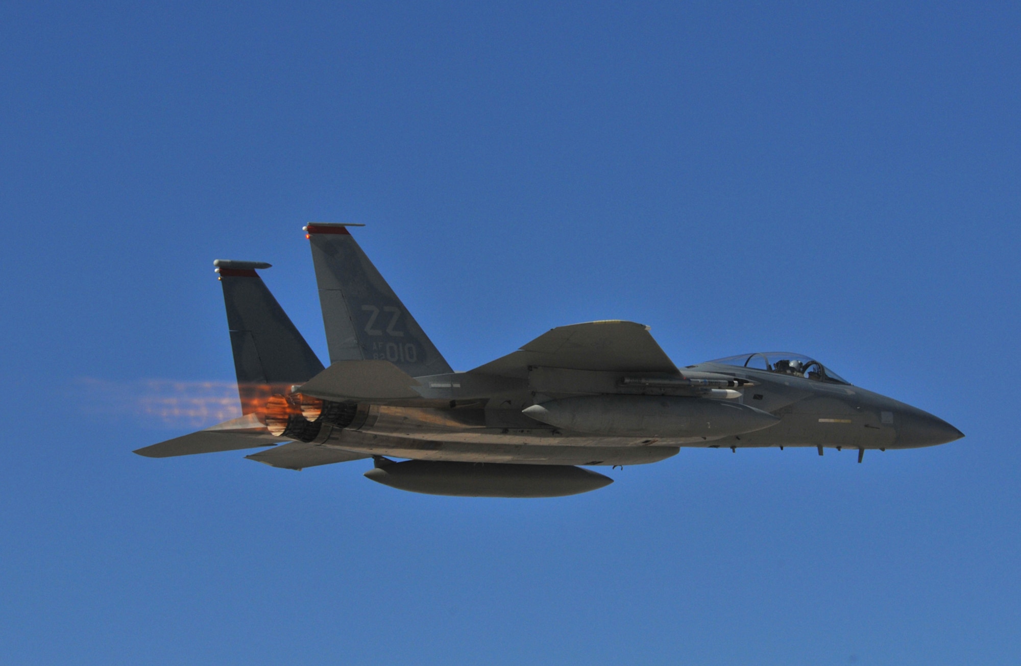 An F-15C Eagle from the 67th Fighter Squadron at Kadena Air Base, Japan, blasts off the runway at Nellis Air Force Base, Nev., on Oct 22.  Airmen and aircraft from the 67th FS are at Nellis for Red Flag 09-1.  Red Flag is a realistic, two-week air campaign fought over the vast Nevada Test and Training Range.  The exercise brings together airmen from the Air Force, sister services and allies in the world's largest joint air combat exercise.  (Air Force photo by Chief Master Sgt. Gary Emery)