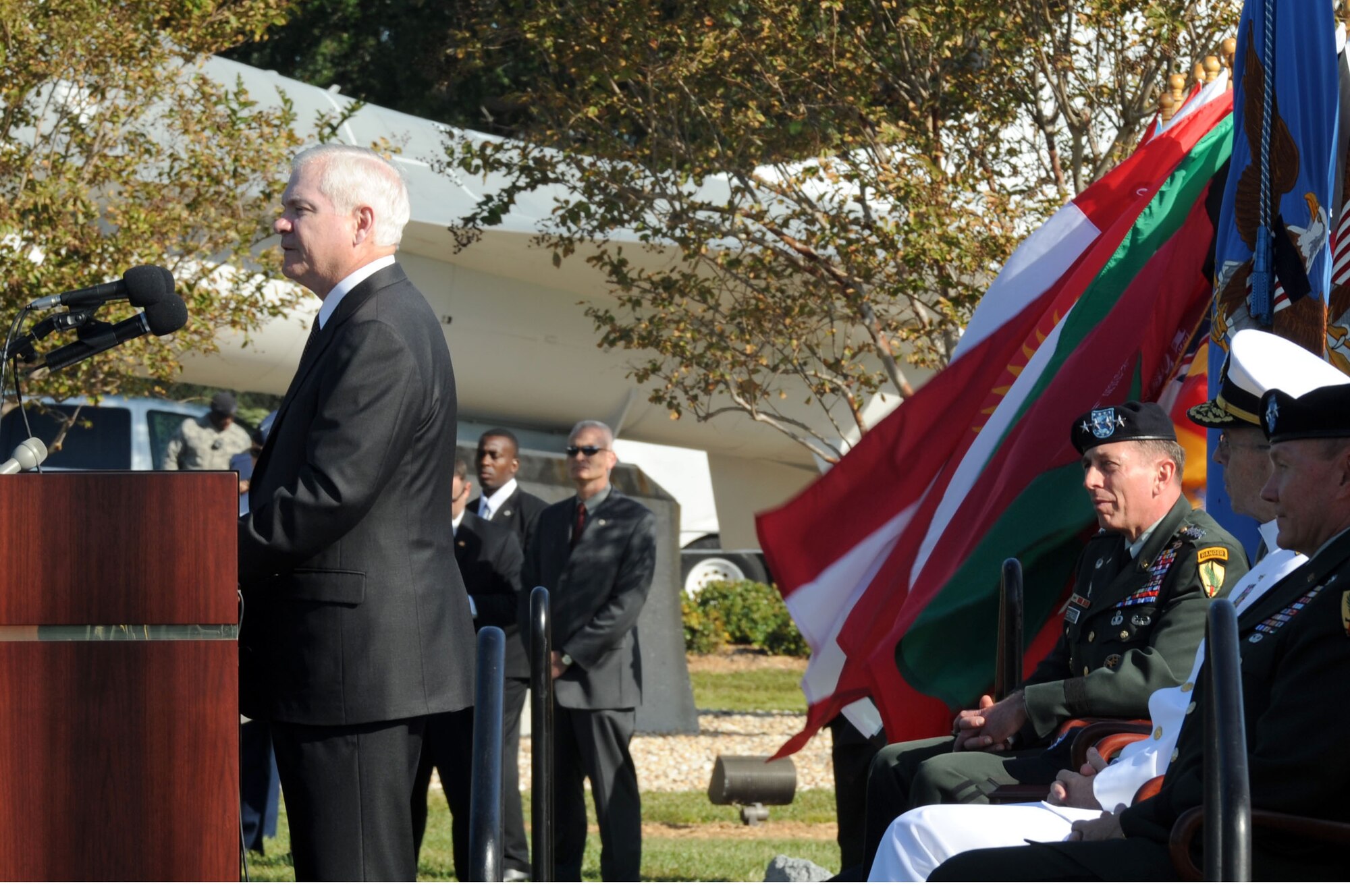 U.S. Army Gen. David H. Petraeus looks on as Defense Secretary Dr. Robert M. Gates speaks during the U.S. Central Command (USCENTCOM) Change of Command Ceremony here at MacDill AFB, FL. Gen. Petraeus assumed command of USCENTCOM from U.S. Army Lieutenant Gen. Martin E. Dempsey.

(U.S. Air Force Photo by Air Force SSgt Joseph L. Swafford Jr.)
