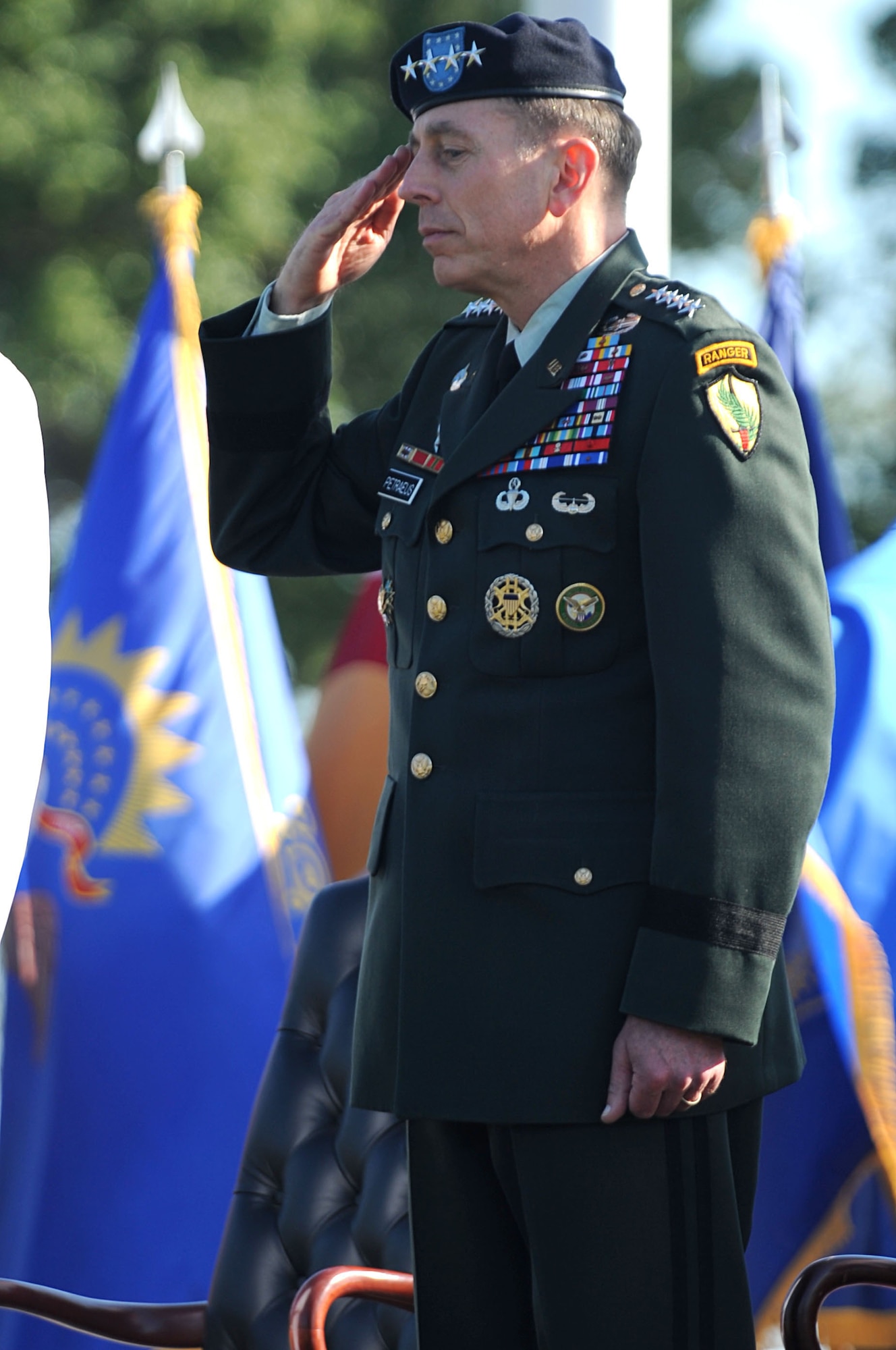 U.S. Army Gen. David H. Petraeus salutes the colors during the playing of the National anthem at the U.S. Central Command (USCENTCOM) Change of Command Ceremony here at MacDill AFB, FL. During the Ceremony Gen. David H. Petraeus assumed command of USCENTCOM from U.S. Army Lt. Gen. Martin E. Dempsey.

(U.S. Air Force Photo by Air Force SSgt Joseph L. Swafford Jr.)
