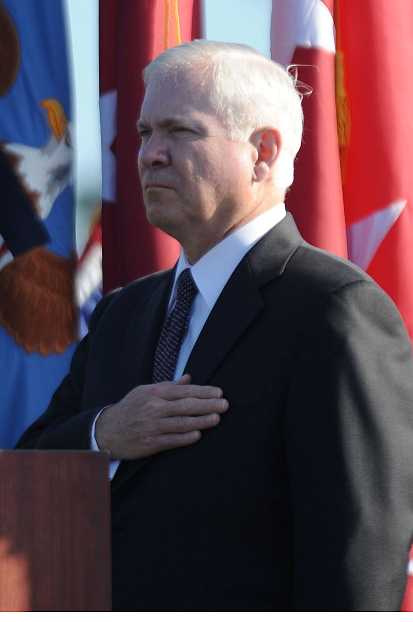 Defense Secretary Dr. Robert M. Gates puts his hand over his heart while the National Anthem is played during the U.S. Central Command (USCENTCOM) Change of Command Ceremony here at MacDill AFB, FL. During the ceremony U.S. Army Gen. David H. Petraeus assumed command of USCENTCOM from U.S. Army Lieutenant Gen. Martin E. Dempsey.

(U.S. Air Force Photo by Air Force SSgt Joseph L. Swafford Jr.)
