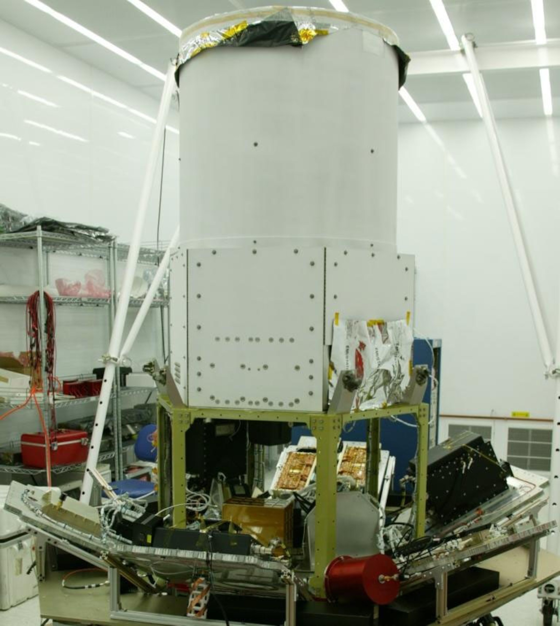 Integration of the modular bus components on Tactical Satellite-3 is photographed at the Air Force Research Laboratory’s Space Vehicles Directorate, located at Kirtland Air Force Base, N.M. (Air Force photo)