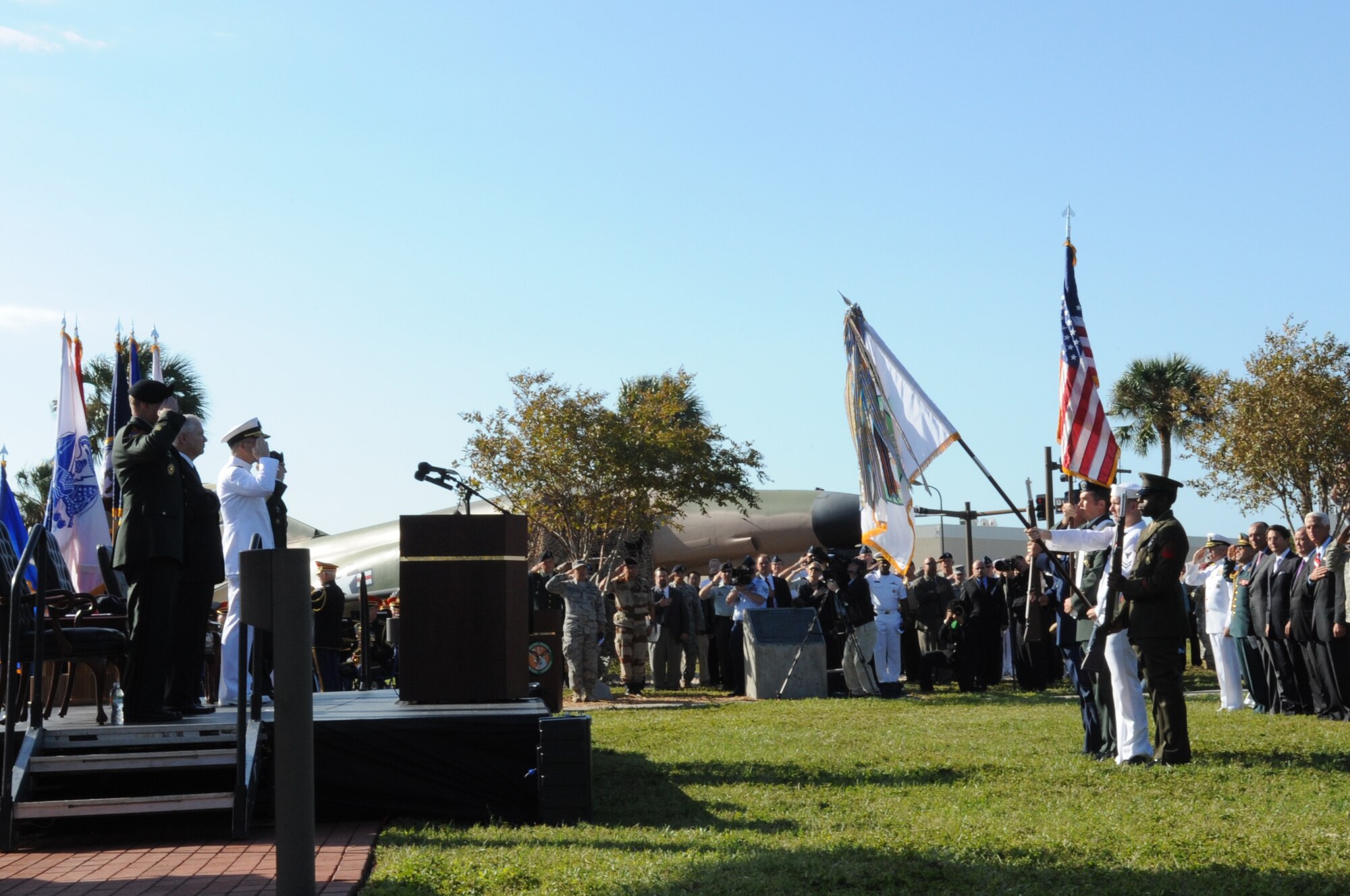 United States Secretary of Defense Dr Robert M Gates, United States Navy Chairman of the Joint Chiefs of Staff Admiral Mike Mullen, General David H. Petraeus, and Lt General Martin E Dempsey pay respect durring the posting of the colors durring the United States Central Command Change of Command ceremony at MacDill AFB on 31 October 2008.  After 7 months LtGen Martin E Dempsey relinquished command and General David H. Petraeus assumed command.  USAF Photo By: TSgt Sean M. White (released) 