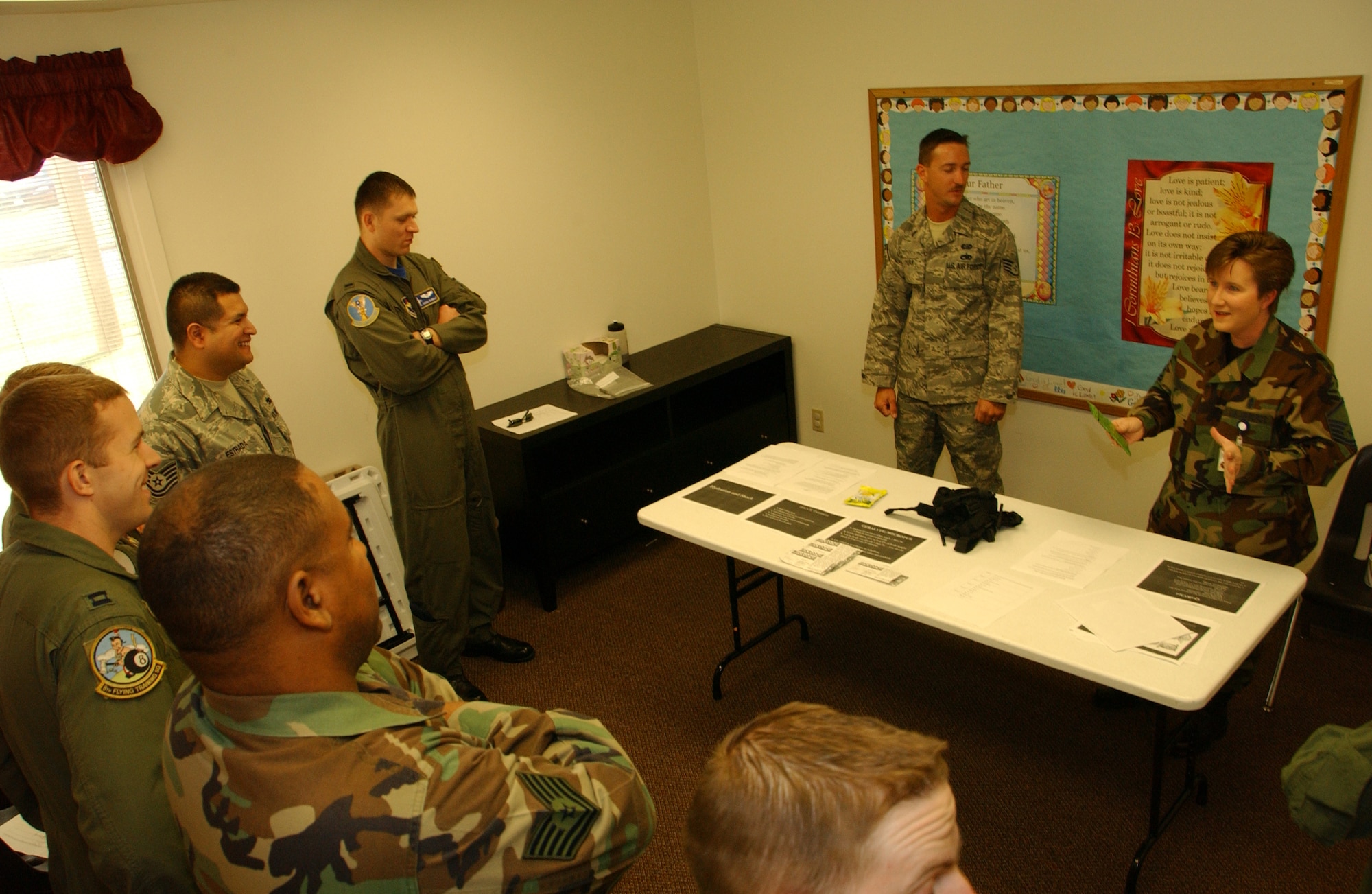 Master Sgt. Lisa Finuff, 71st Medical Group self-aid and buddy care advisor, speaks on stopping bleeding during Team Vance's SABC Rodeo Oct. 31 at the Community Chapel Activities Center. With five 90-minute courses throughout the day, the Rodeo gave the 71st MDG the opportunity to instruct more than 300 Airmen. (U.S. Air Force photo by Staff Sgt. Brian Hill)