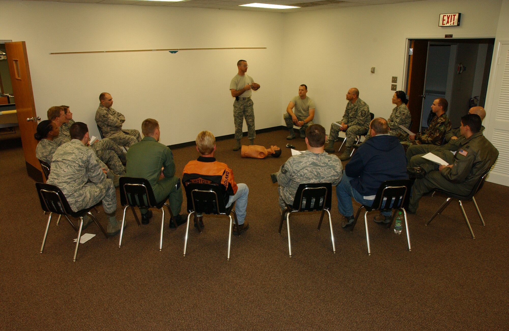 Master Sgt. Phillip Dyer, 71st Medical Group self-aid and buddy care advisor, speaks on treating chest wounds during Team Vance's SABC Rodeo Oct. 31 at the Community Chapel Activities Center. With five 90-minute courses throughout the day, the Rodeo gave the 71st MDG the opportunity to instruct more than 300 Airmen. (U.S. Air Force photo by Staff Sgt. Brian Hill)