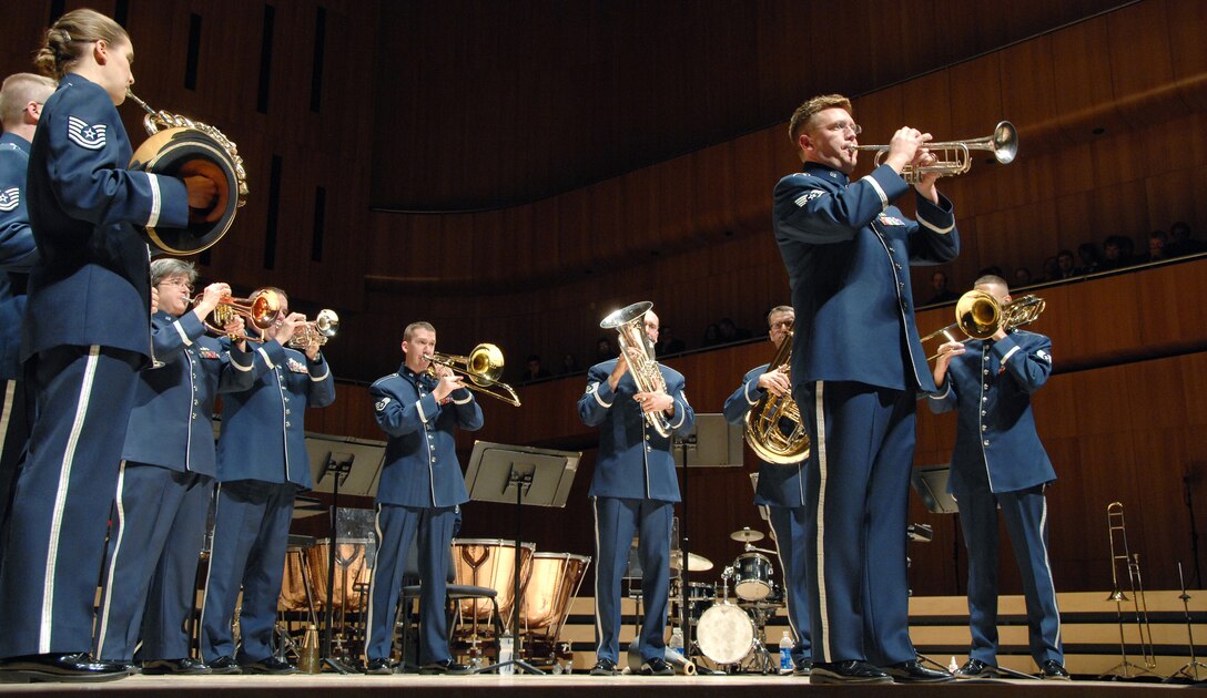 Staff Sgt Jeff Reich, trumpet, leads the Brass in Blue as they present Amazing Grace, a tribute to the support audience members have given to men and women in uniform stationed around the world.  This performance was part of 'Slides Across the Heartland' presented at the Holland Performing Arts Center on Monday, October 20, 2008.