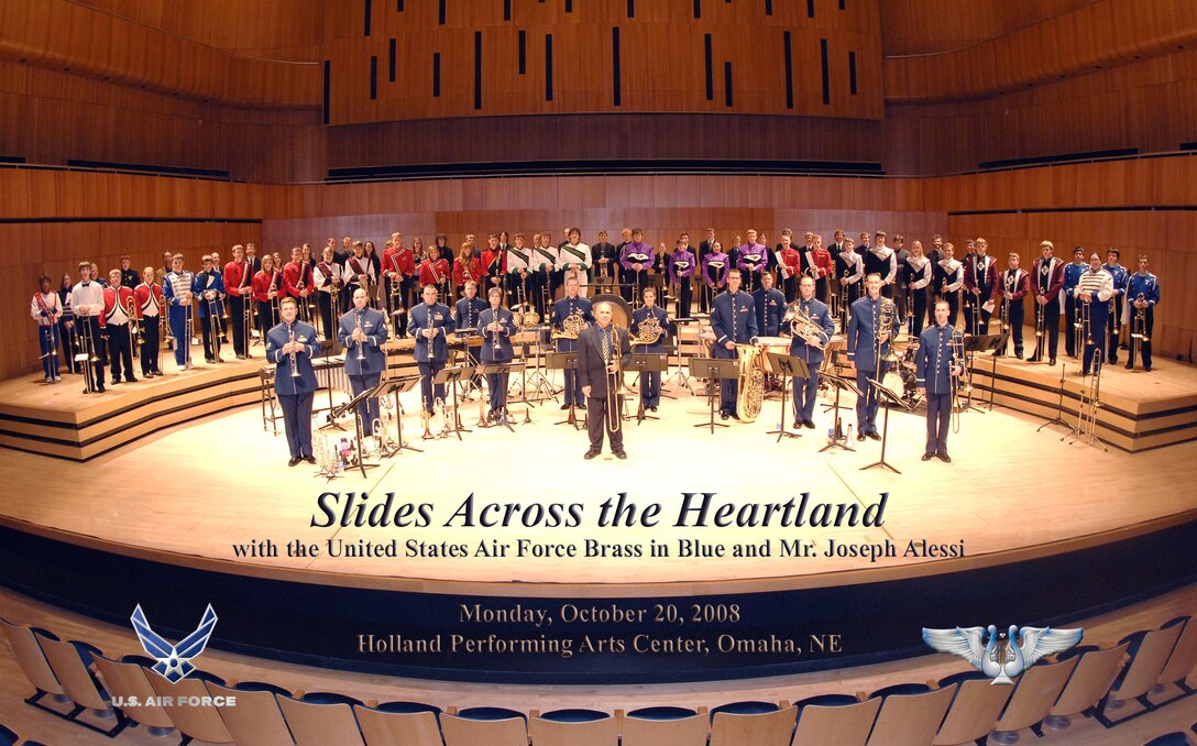 The USAF Heartland of America Band's Brass in Blue presented 'Slides Across the Heartland' at the Holland Performing Arts Center in Omaha, NE on Monday, October 20, 2008.  Featured with Brass in Blue were guest soloist, Mr. Joseph Alessi, principal trombonist with the New York Philharmonic, and 76 local high school and college trombonists performing Meredith Willson's "76 Trombones."