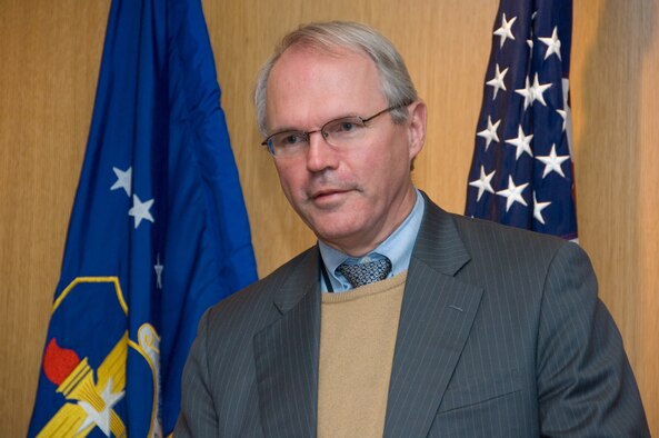 U.S. Ambassador Christopher Hill speaks at Air University on Wednesday about servicemembers' role in the East Asia Pacific area and his role in the North Korea nuclear disarmament process. (Air Force photo by Melanie Rodgers)