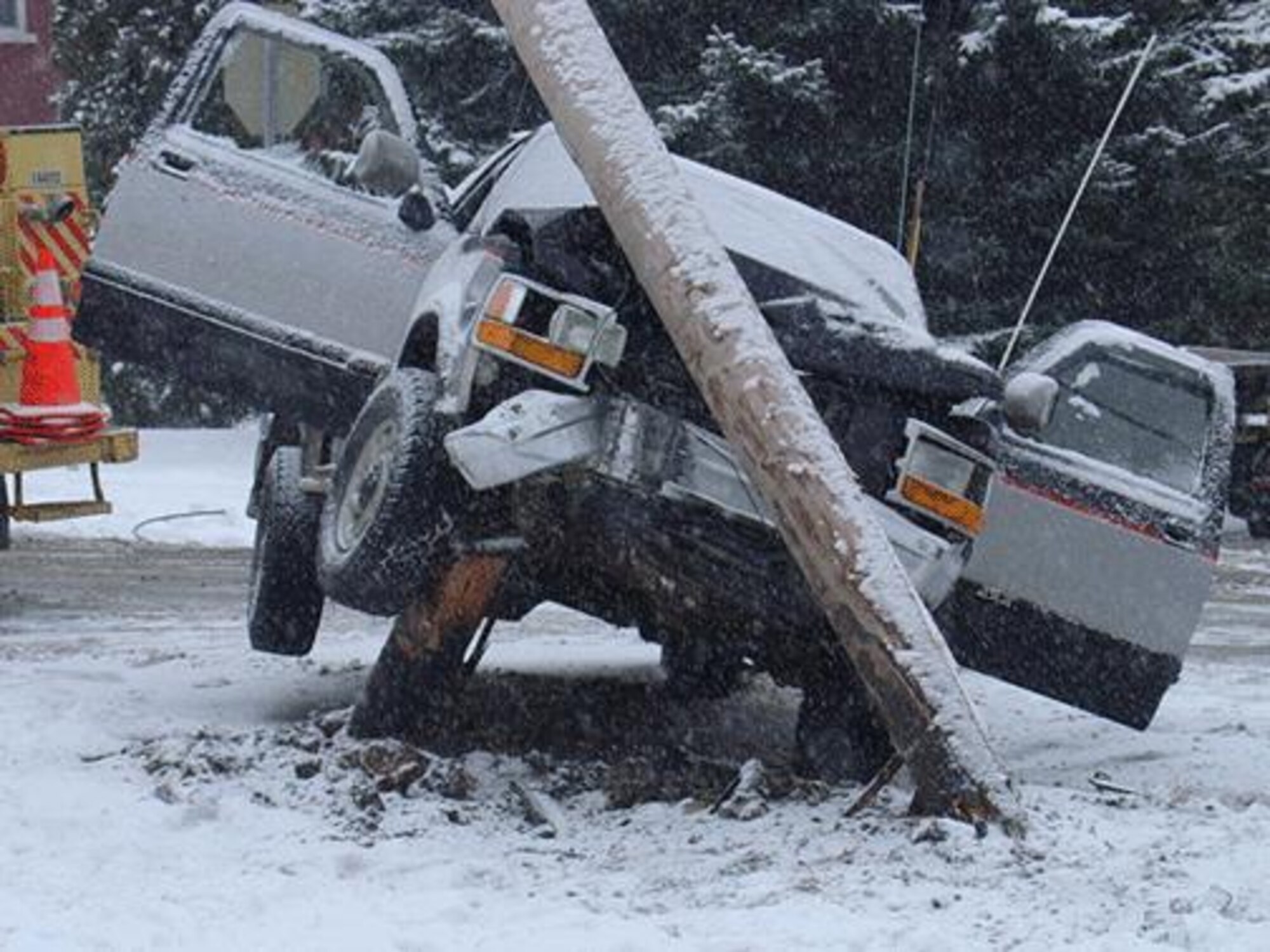 This vehicle which  started fish tailing and lost control on a turn and struck a pole is typical of what can happen on the black ice on the back roads around the tribase area.  Speed and fog are also contributors to many accidents in this area (Courtesy Photo)

