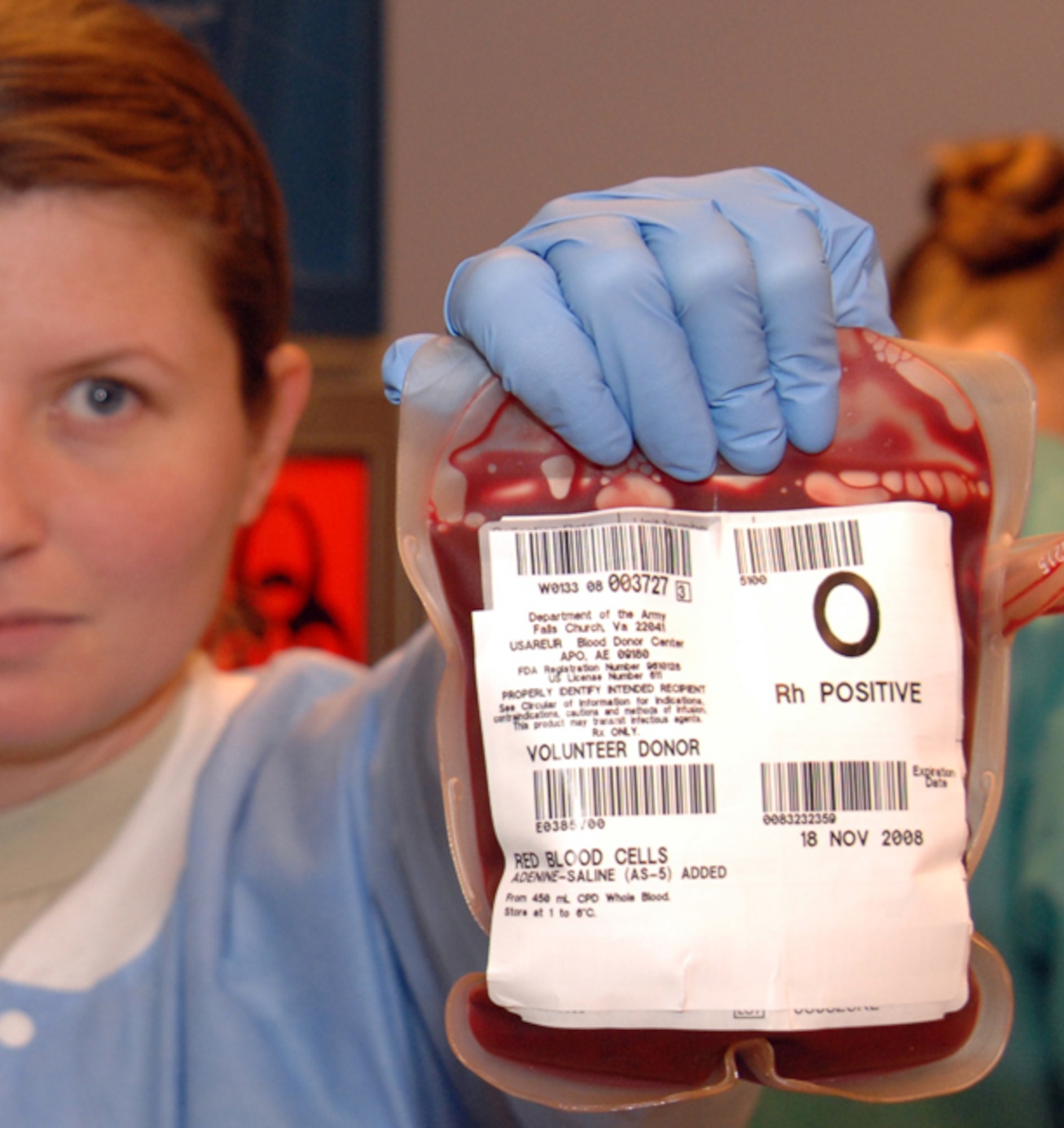 Airman 1st Class Christa Lewis, 39th Medical Group laboratory technician, checks a unit of blood at Incirlik’s blood bank for discrepencies, such as bacteria and clots.