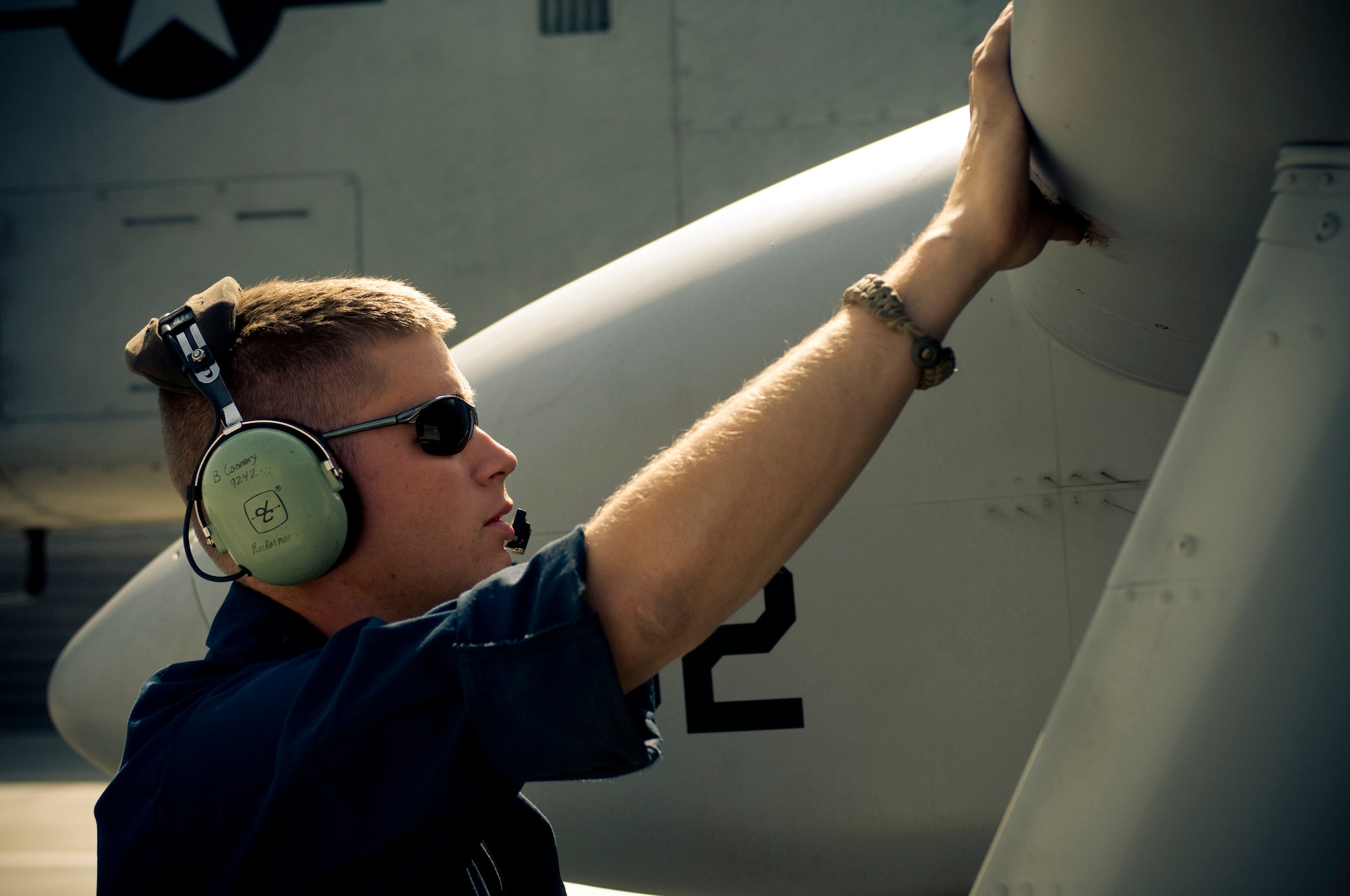 Senior Airman Benjamin Connery, 455th Expeditionary Aircraft Maintenance Squadron A-10 crewchief, checks the leading edge slats on the wing of an A-10 Thunderbolt II at Bagram Air Field, Afghanistan, Oct. 18. Before the aircraft is deemed safe to fly, each mechanical part has to be checked for operability. Airman Connery is deployed from the 23rd Aircraft Maintenance Squadron, Moody Air Force Base, Ga., and hails from Cashmere, Wash. (U.S. Air Force photo by Staff Sgt. Samuel Morse/Released)