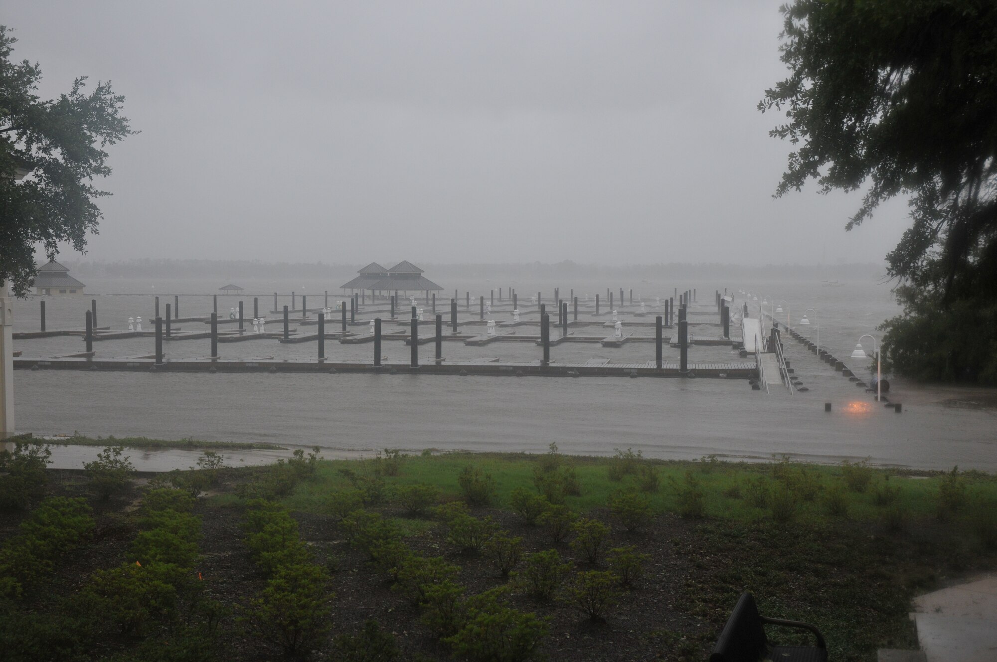 Keesler Marina's pier almost completely underwater during Hurricane Gustav.  The water began to subside within hours (U.S. Air Force photo by Adam Bond).