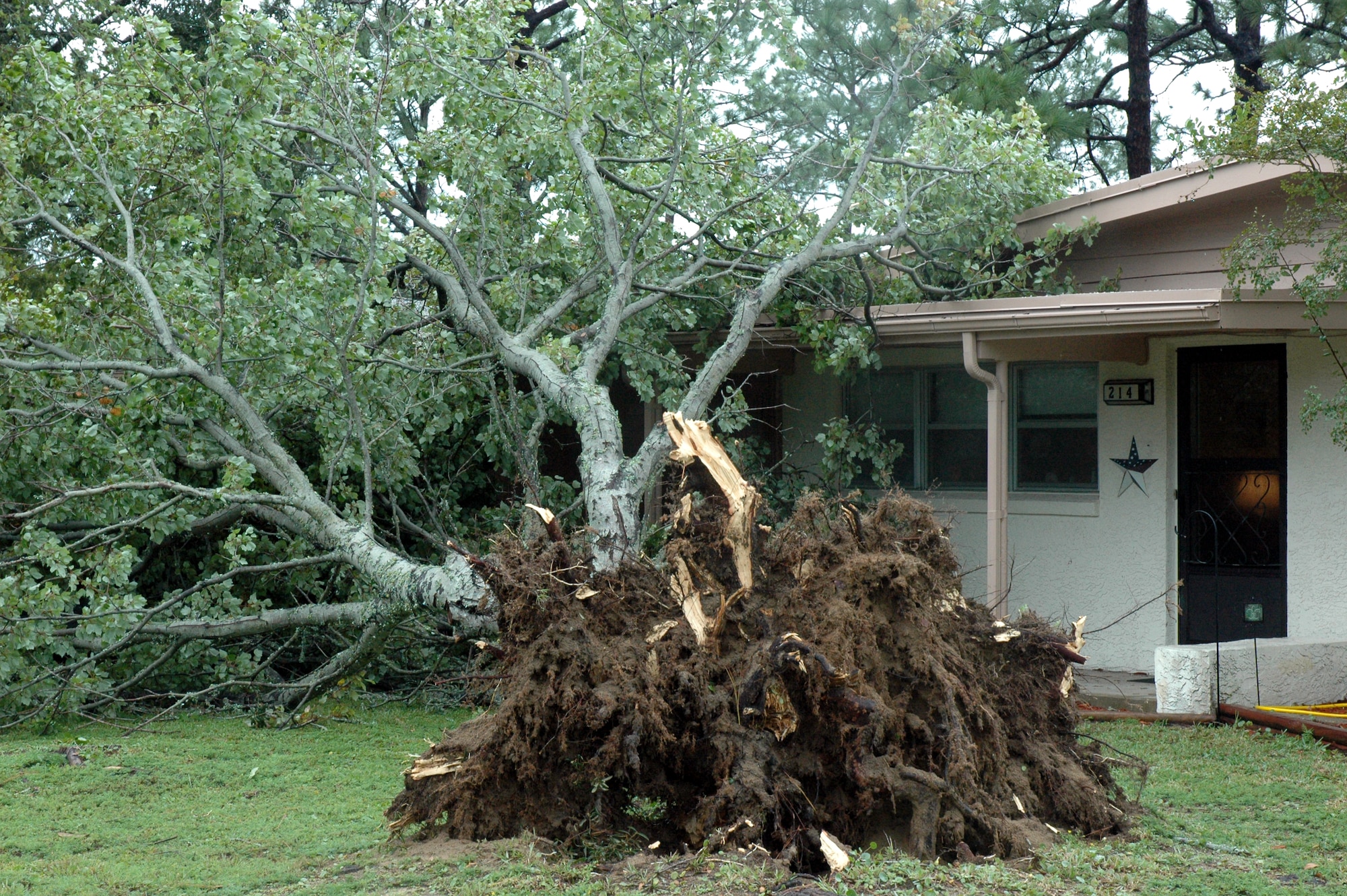 An uprooted tree rests on the home and car of Airman 1st Class Caleb Sikes after a tornado touched down in Eglin's housing area Sept. 1.  (U.S. Air Force photo by Tech. Sgt. Brian Jones)