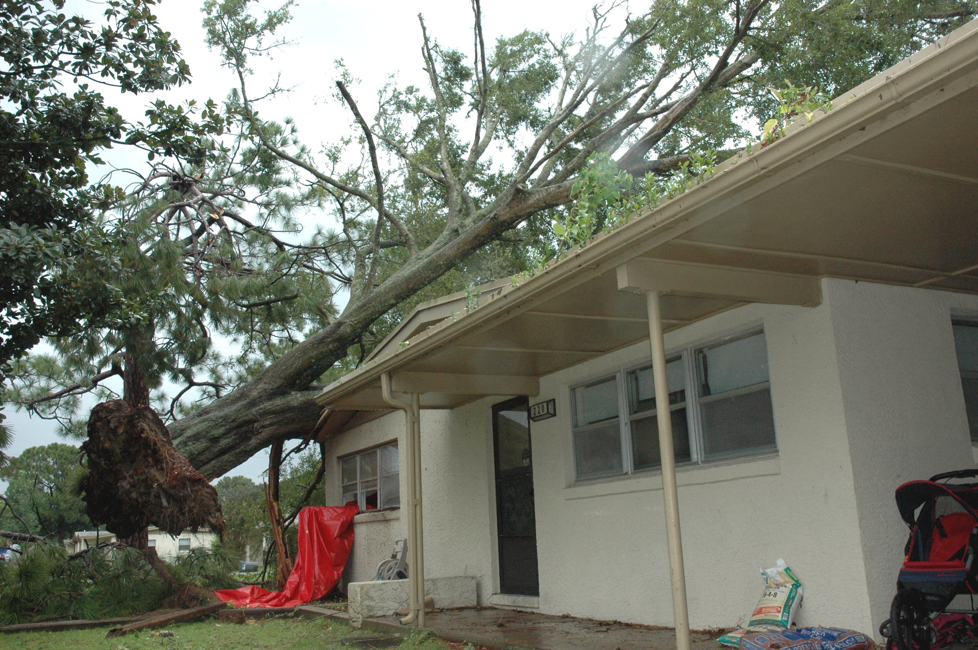 An uprooted tree rests on the home of Airman 1st Class Devin Hennessy, 46th Operations Support Squadron, after a tornado touched down in Eglin's housing area Sept. 1.  (U.S. Air Force photo by Tech. Sgt. Brian Jones)