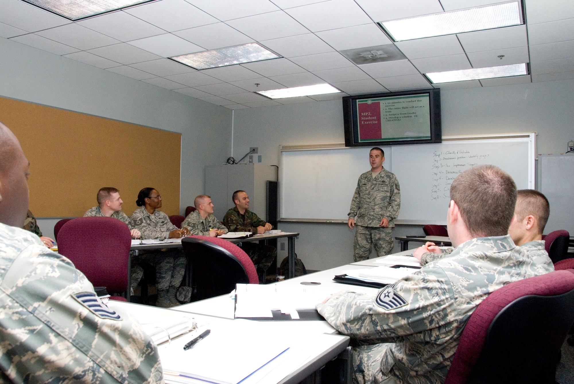 Tech. Sgt. Ruan Howell instructs a class of NCOs Sept 2 at the Officer Training School complex on Maxwell Air Force Base, Ala.  Sergeant Howell and 16 other staff members and 107 students from the Mathies NCO Academy on Keesler Air Force Base, Miss., continued their training at Maxwell AFB after evacuating Keesler last weekend. Members of Keesler's 81st Training Wing Personnel Accountability Team and 2nd Air Force's Training Response Cell also set up shop on Maxwell over the weekend to account for evacuated personnel and ensure continuation of training. The academy NCOs leave Maxwell on Sept. 3 and are scheduled to resume classes on their home turf Sept. 4. (U.S. Air Force photo/Bud Hancock)