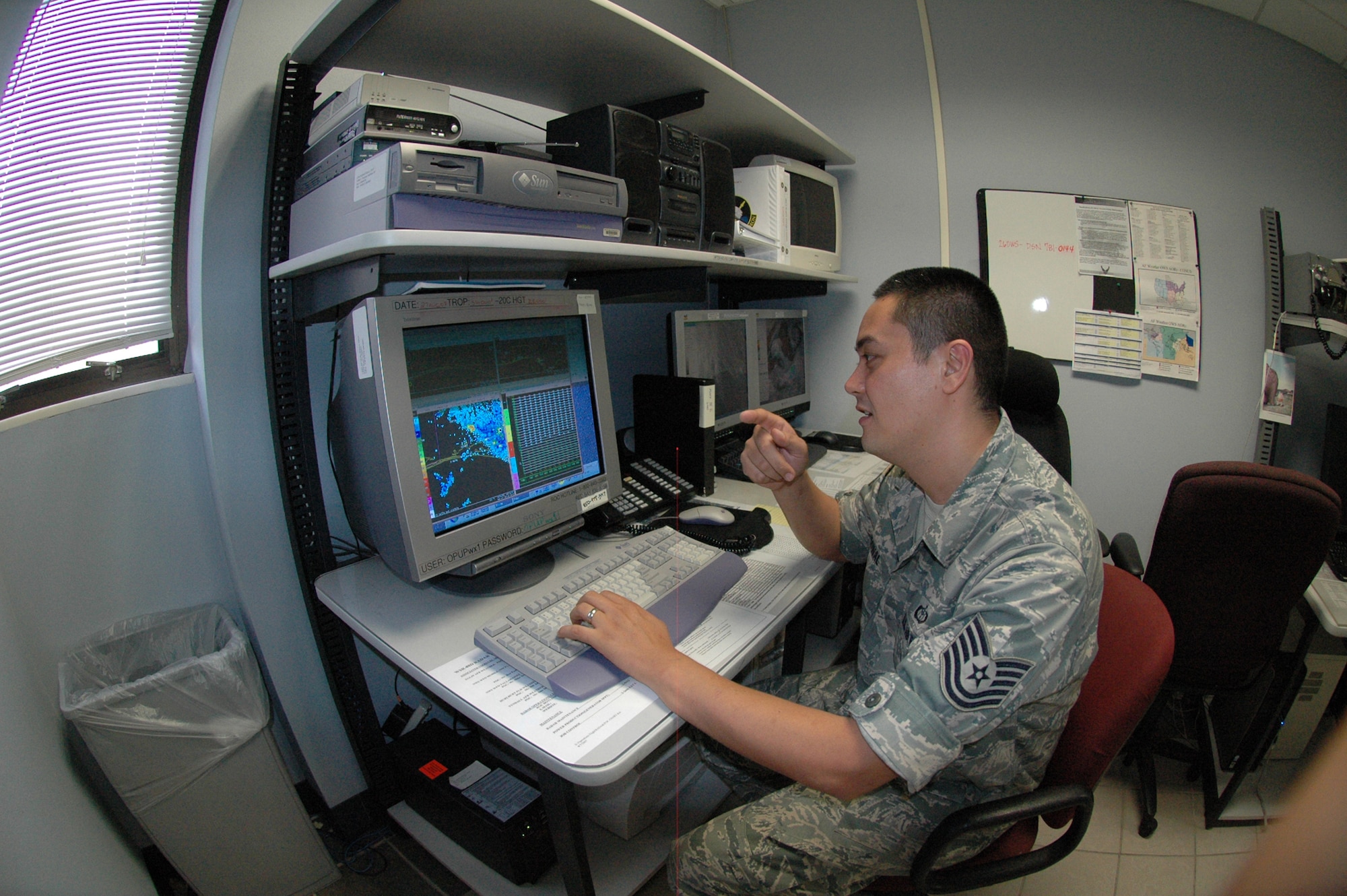 EGLIN AIR FORCE BASE, Fla. -- Tech. Sgt. Andrew Kowal, 46th Combat Weather Flight NCOIC, monitors Doppler radar Sept. 2, just one day after the community here experienced seven tornados because of the base's proximity to Hurricane Gustav. The forecasters were assisted by personnel in the air traffic control tower and weather observers near the flightline to track the tornados and sound warnings in advance of the severe weather. (U.S. Air Force photo by Staff Sgt. LuCelia Ball)