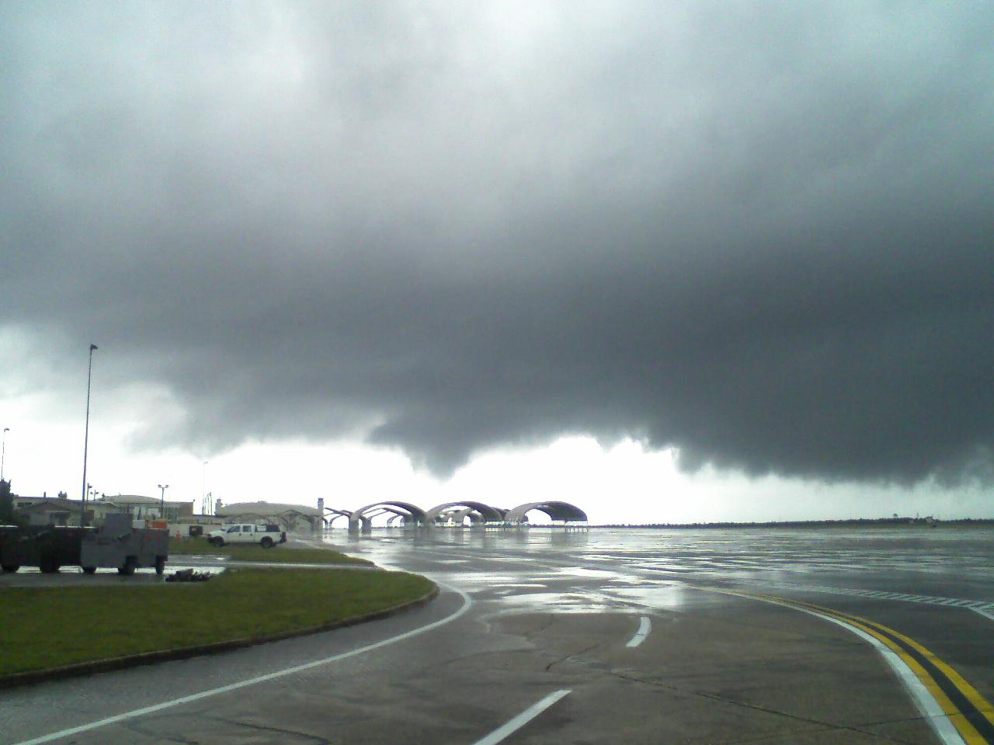 EGLIN AIR FORCE BASE, Fla. -- A view of the flightline Sept. 1 during one of seven tornadic events oberved by the air traffic control tower and forcasters from the 46th Weather Squadron. Eglin's location near the outskirts of Hurricane Gustav produced several thunderstorm cells and tornados. (Courtesy photo)