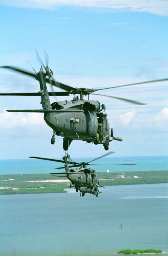 Helicopter and fixed-wing aircrews from the Air Force Reserve's 920th Rescue Wing at Patrick Air Force Base, Fla. will evacuate four HH-60G Pave Hawk helicopters and four HC-130P/N extened-range search-and-rescue C-130s to Maxwell-Gunter Air Force Base, Ala. Sept. 3 as part a hurricane alert measure.  The wing is in the projected path of Tropical Storm Hanna, projected to become a hurricane and storm by the area later this week.  (U.S. Air Force File Photo)