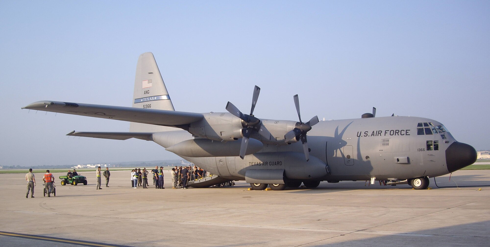 A C-130 Hercules sits at Port San Antonio as medical personnel from Lackland Air Force Base unload patients Aug. 30.  Approximately 80 personnel from the 59th Medical Wing worked around the clock, assisting 247 special needs evacuees from Beaumont, Texas, as Hurricane Gustav neared the Louisiana and Texas coastlines. (U.S. Air Force photo/Master Sgt. David Hunter)