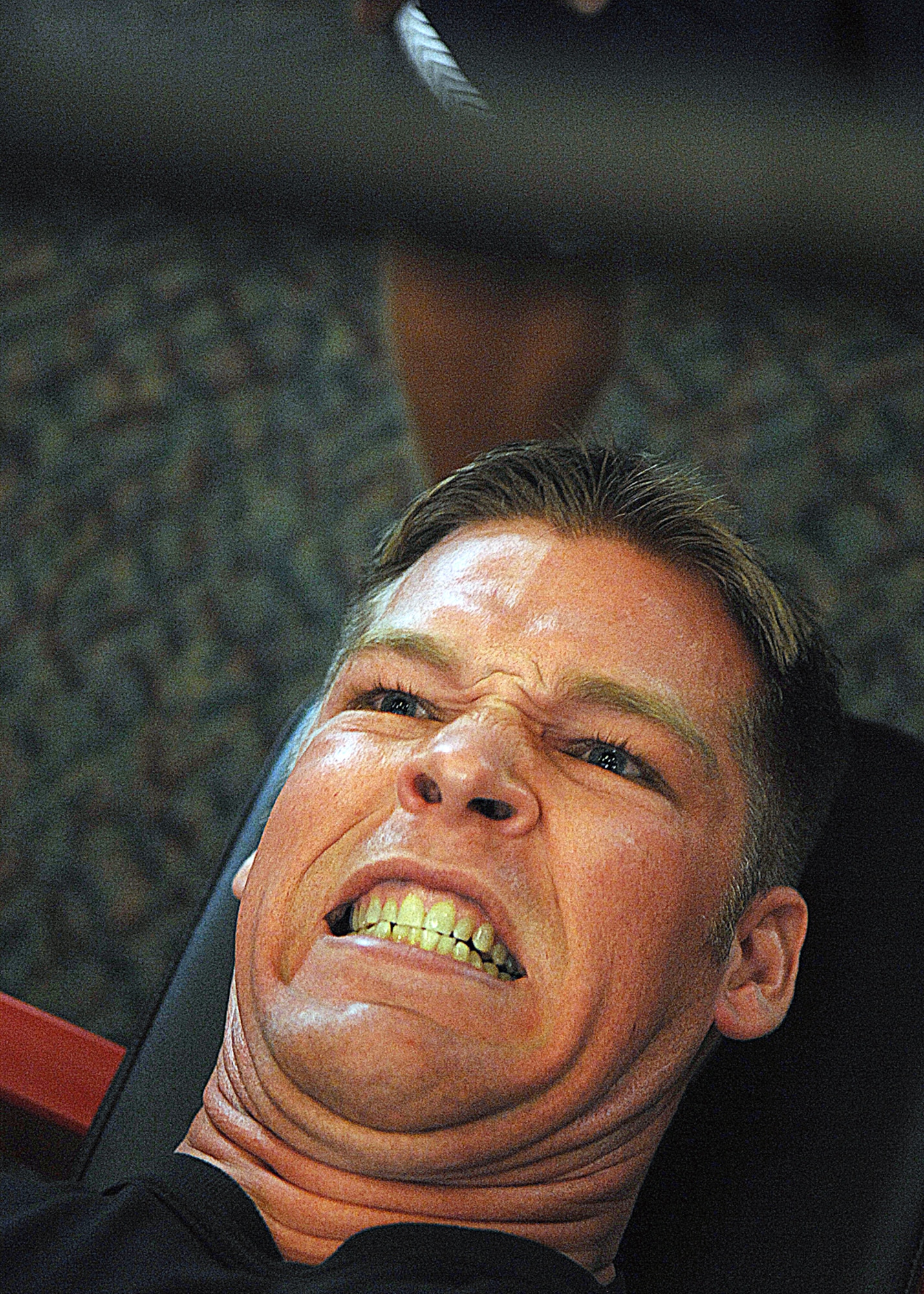 Staff Sgt. Michael Myers, 49th Aircraft Maintenance Squadron, does 32 bench press repetitions during the Iron Airman Challenge at Holloman Air Force Base, N.M., Aug. 27.  (U.S. Air Force photo/ Senior Airman Anthony Nelson Jr)