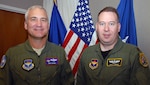 Maj. Gen. Erwin Lessel, Air Education and Training Command director of plans, programs, requirements and assessments, and Maj. Kent Currie, 559th Flying Training Squadron, earned awards for their reaction to a T-6 Texan II engine stall in which they safely landed the plane, preserving their own lives and saving a $4.5 million Air Force asset. (Photo by Thomas Warner)
