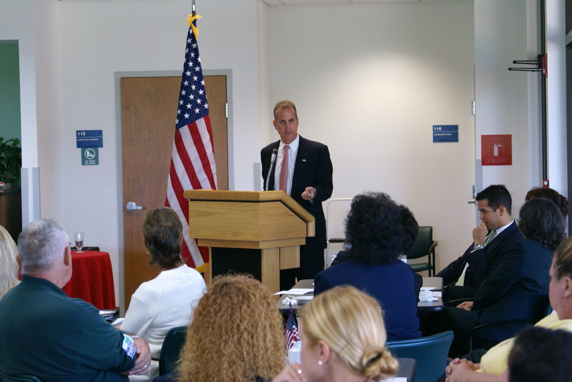 Congressman Mario Diaz-Balart delivers the keynote speech to members of the Greater Homestead/Florida City Chamber of Commerce during their annual conference, which was held at Homestead Air Reserve Base on Aug. 28. The Chamber’s mission is to strengthen the economy of South-Miami Dade County and enhance the quality of life for residents and visitors through programs of voluntary action to preserve and protect the American system of free competitive enterprise; and to advance the economic, civic, educational, cultural and social well being of the South Miami-Dade community.  (U.S. Air Force photo/Tim Norton)