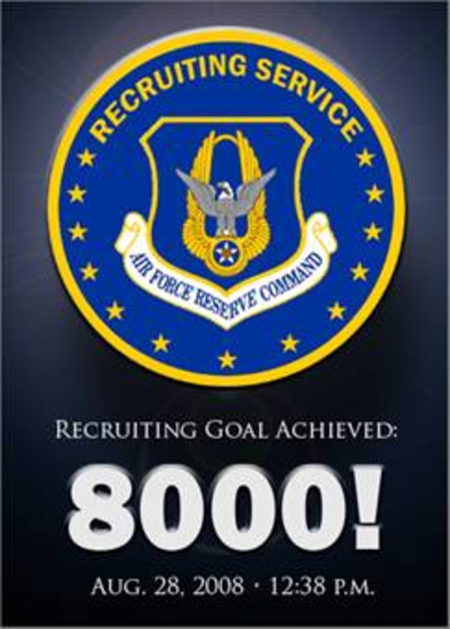For the eighth consecutive year, the Air Force Reserve met and eclipsed its annual recruiting goal. Reserve Recruiters across the country and around the world tallied the 8,000 mark at 12:38 p.m. EDT, Aug. 28, 2008.