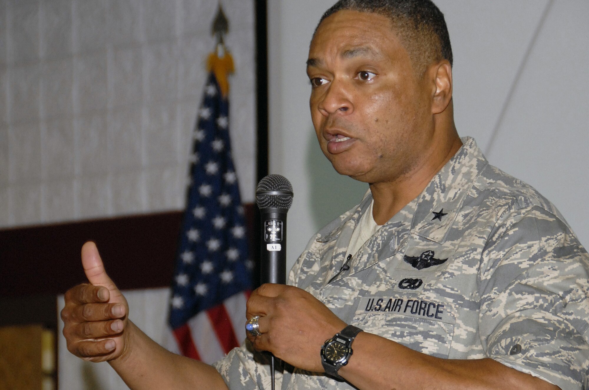 Brig. Gen. Garry C. Dean, the Air Force's deputy inspector general (IG), speaks with the National Guard's adjutants general, wing commanders, command chief master sergeants and other Air Guard members from around the nation Aug. 12 during the 2008 Leadership Summit at the Volk Field Combat Readiness Training Center in Wisconsin. General Dean addressed conferees on the IG perspective in culture, accountability and leadership. The summit carried a theme of "A look at safety, culture and other challenges." (Photo by Air Force Master Sgt. Paul Gorman, Wisconsin Air National Guard) (Released)