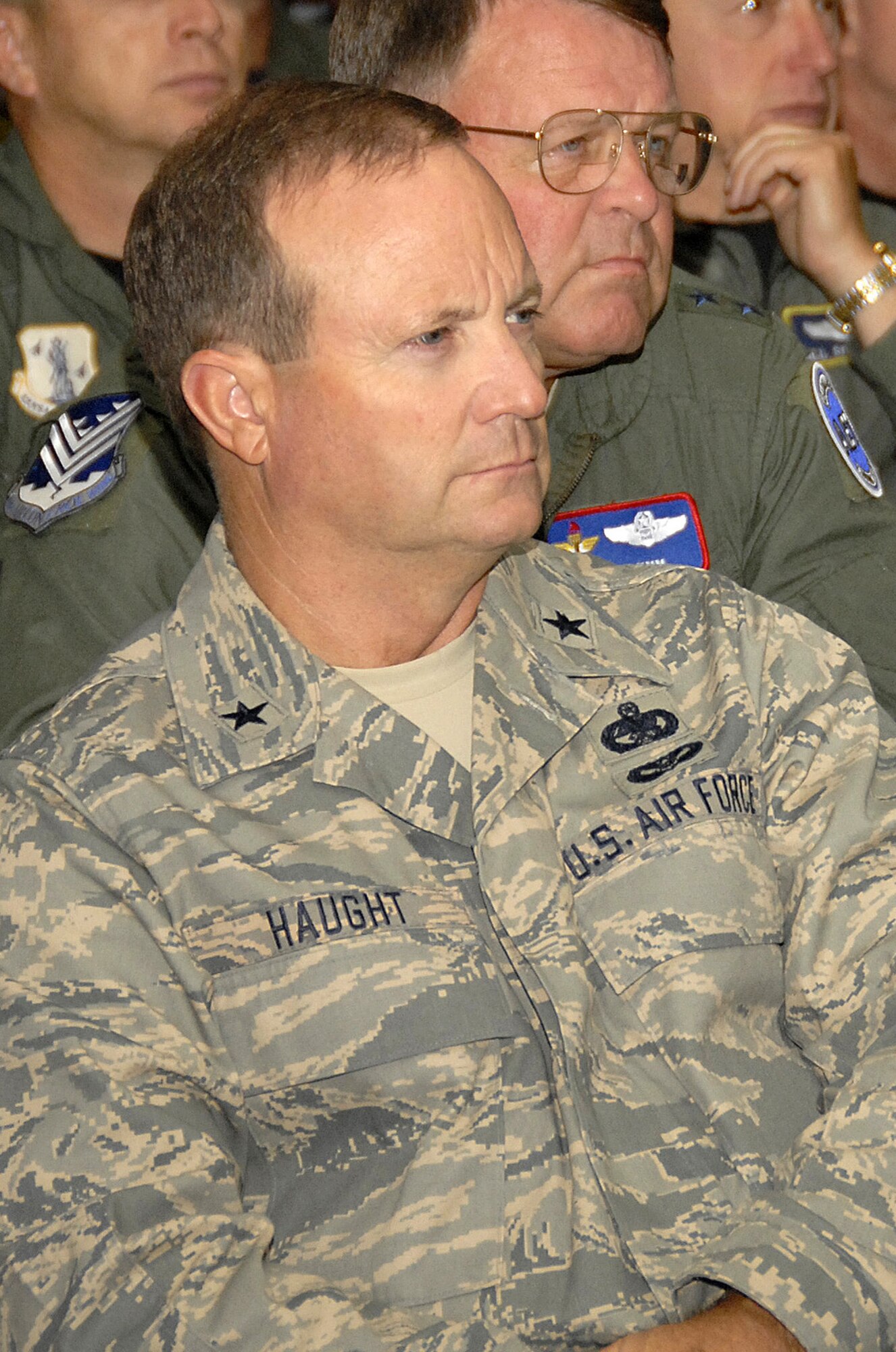 Brig. Gen. Donald Haught, vice chair for the Air National Guard steering committee and assistant to the Director of the Air National Guard listens to a presentation Aug. 12 during the Air Guard's 2008 Leadership Summit in Wisconsin. More than 500 Air Guard senior leaders and safety experts met at the Volk Field Combat Readiness Training Center Aug. 11-15 for the summit, which carried a theme of "A look at safety, culture and other challenges." (Photo by Air Force Master Sgt. Paul Gorman, Wisconsin Air National Guard) (Released)