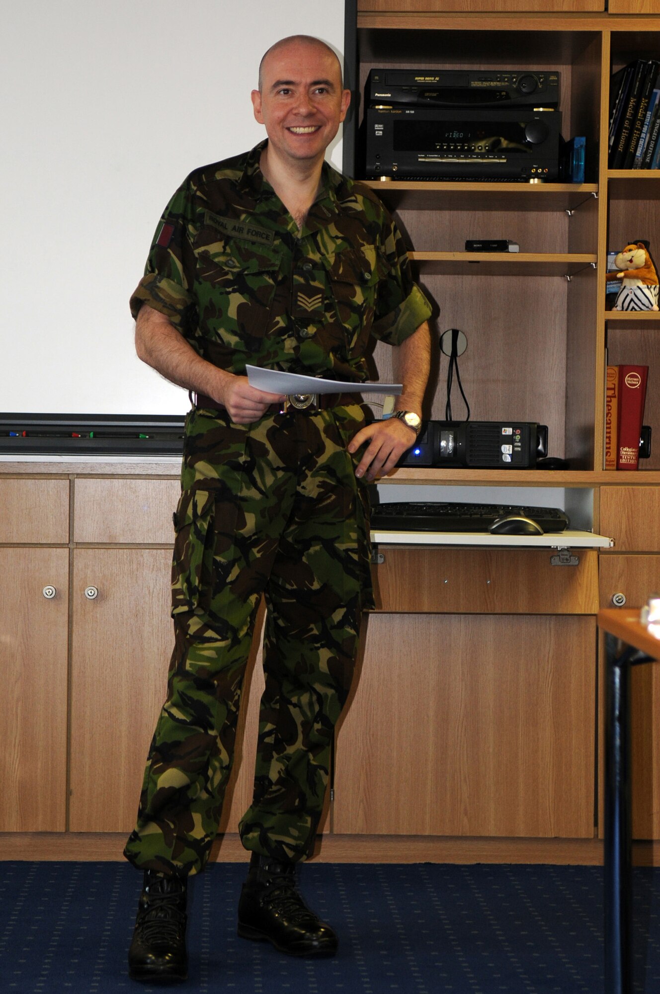 Royal Air Force Sgt. David Madin, presents a speech to his classmates while attending the Kisling NCO Academy on Kapaun Air Station, Germany, Aug. 26, 2008. Sgt. Madin is the first member of the RAF to attend the Kisling NCO academy since 1992. (U.S. Air Force photo by Senior Airman Kelly LeGuillon)(Released)