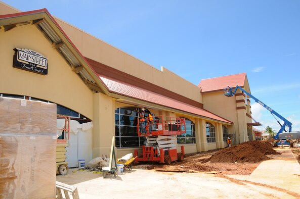 ANDERSEN AIR FORCE BASE, Guam - The 181,000 square feet shopping complex undergoes some last minute construction before the grand opening Sept. 10 at 9 a.m. here. Inside, the BX offers six eateries: Charley's Sub, Popeyes, Taco Bell, Subway, Pizza Hut and Baskin Robins. The facility seats around 200 hundred people. (U.S. Air Force photo by Airman First Class Courtney Witt)