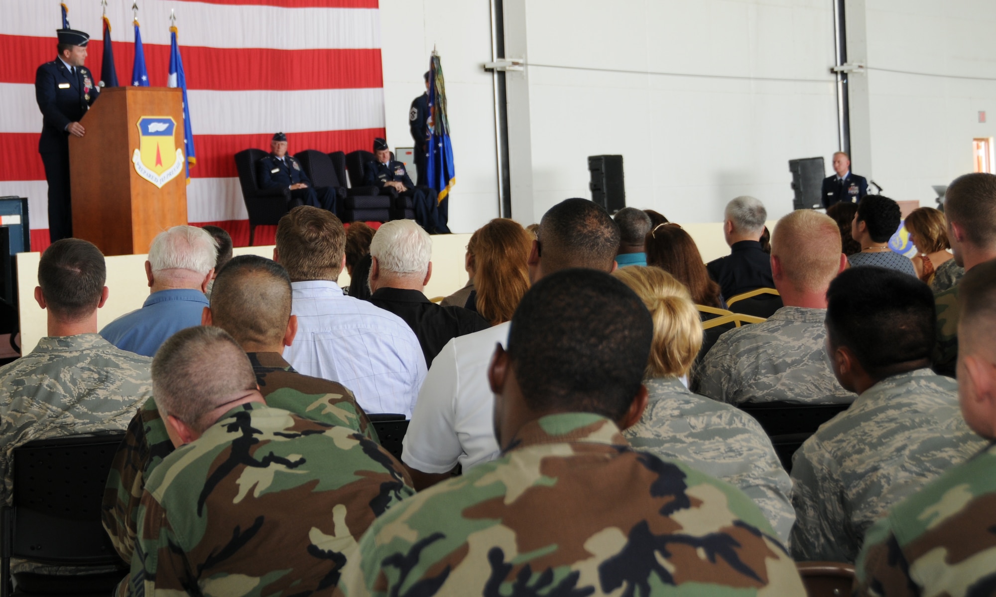 ANDERSEN AIR FORCE BASE, Guam - Brigadier Gen. Doug Owens speaks to his Airmen one last time here Sept. 2. General Doug Owens was responsible for the well-being of more than 8,500 personnel, including military members, civilians and their families.  (U.S. Air Force by Staff Sergeant Jamie Lessard)
