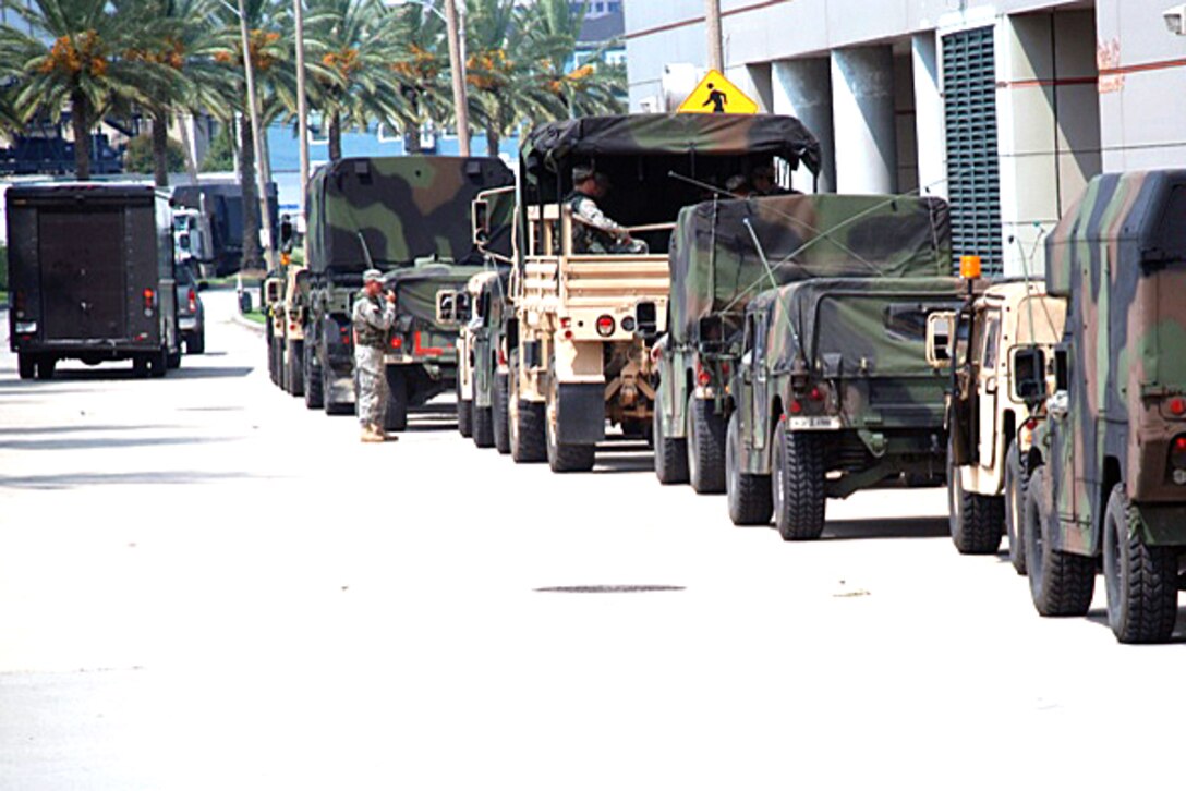 Members of the Louisiana National Guard’s 256th Infantry Brigade Combat Team stage their vehicles in Lot J next to the Ernest Morial Convention Center, Aug. 30, 2008.  
These soldiers are activated for security missions in support of hurricane operations throughout the state. 