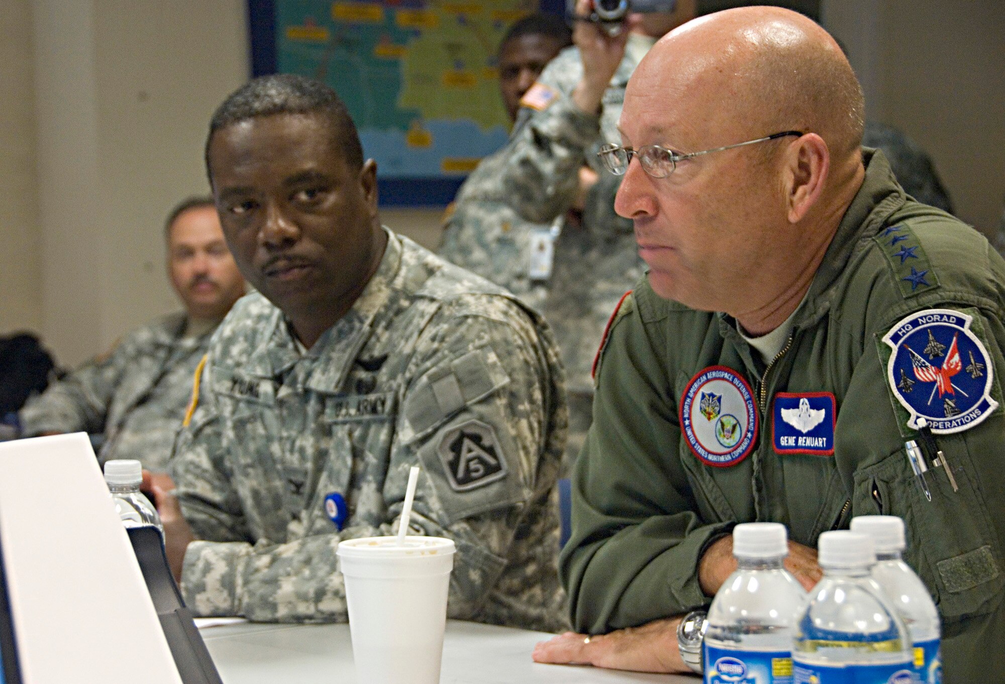 Gen. Gene Renuart, commander of U.S. Northern Command, receives a status briefing on Hurricane Gustav recovery efforts Sept. 3 at the Joint Field Operations center in Baton Rouge, La.  The JFO was established to coordinate federal efforts during Hurricane Gustav operations.  (U.S. Air Force photo/Master Sgt. Jack Braden)