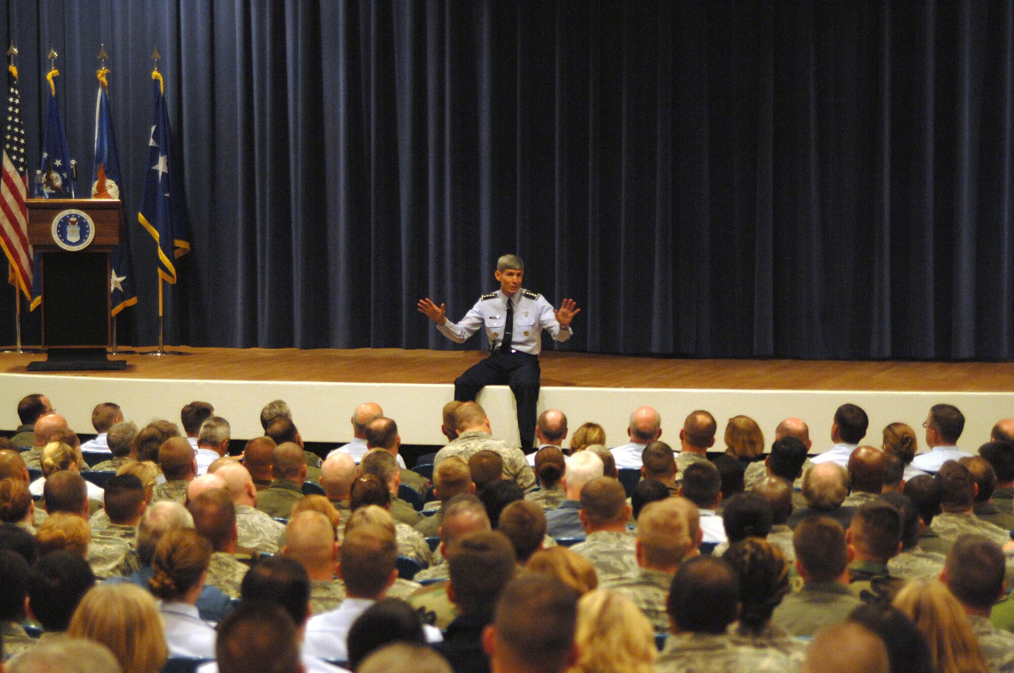 Gen. Norton A. Schwartz, Chief of Staff of the Air Force, addresses questions from Peterson Air Force Base, Colo., Airmen during his Sept. 2 visit. One of his key messages is that the Air Force must go back to basics. "We'll return to fundamentals in precision and reliability in all we do. Those two have sustained our Air Force for decades." (U.S. Air Force photo/Tech. Sgt. Matthew Lohr)
