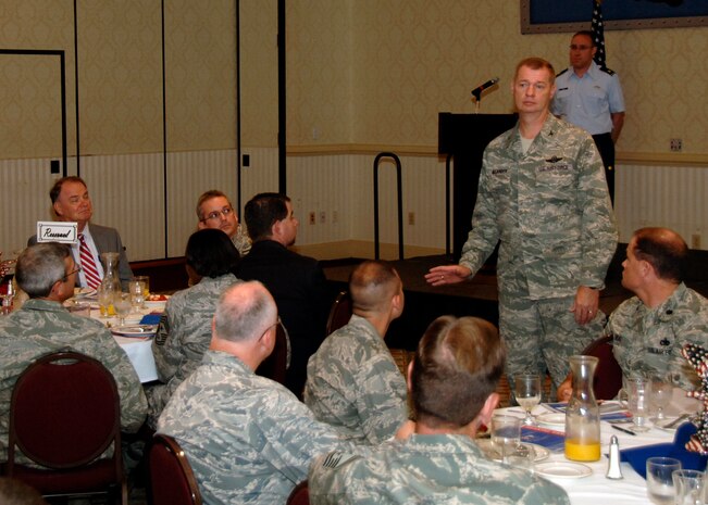 Col. John "Red" Millander speaks at the 2008 Combined Federal Campaign kickoff breakfast at the Charleston Club Sept. 3. The CFC will run until Nov. 12 and the base has a goal of 100 percent personal contact with Airmen, civilians and contractors. Colonel Millander is the commander of the 437th Airlift Wing. (U.S. Air Force photo/Airman 1st Class Timothy Taylor)