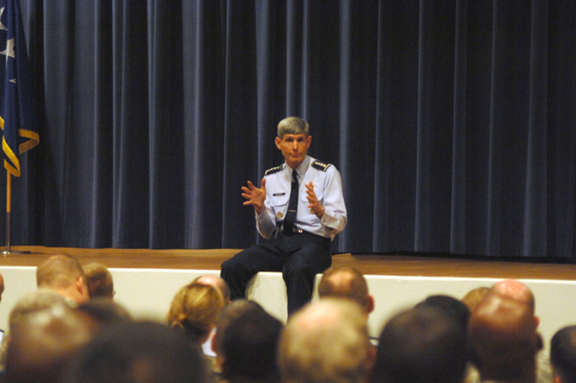 Gen. Norton A. Schwartz (left), Chief of Staff of the Air Force, and Gen. C. Robert Kehler, AFSPC commander, enter Building One during General Schwartz’s visit Tuesday.  General Schwartz addressed a packed assembly at the base theater. His key message: “Air Force is on the way back.” (U.S. Air Force photo by Mr. Duncan Wood)