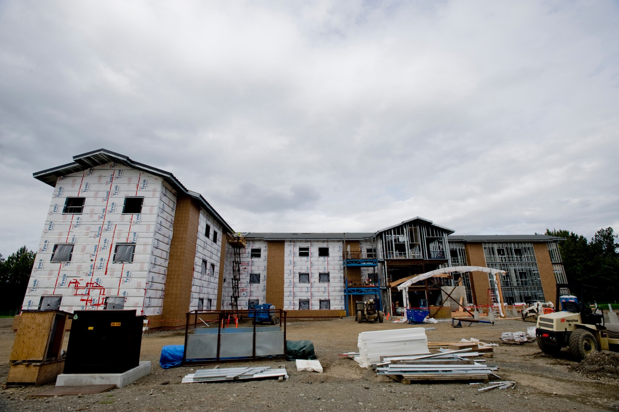 ELMENDORF AIR FORCE BASE, Alaska -- The new dormitory starts to take form as construction continues. More than 25 different sub-contracted companies are working together to ensure the dorm is completed in a timely and efficient manner.  (U.S. Air Force photo/Staff Sgt. Joshua Garcia)
