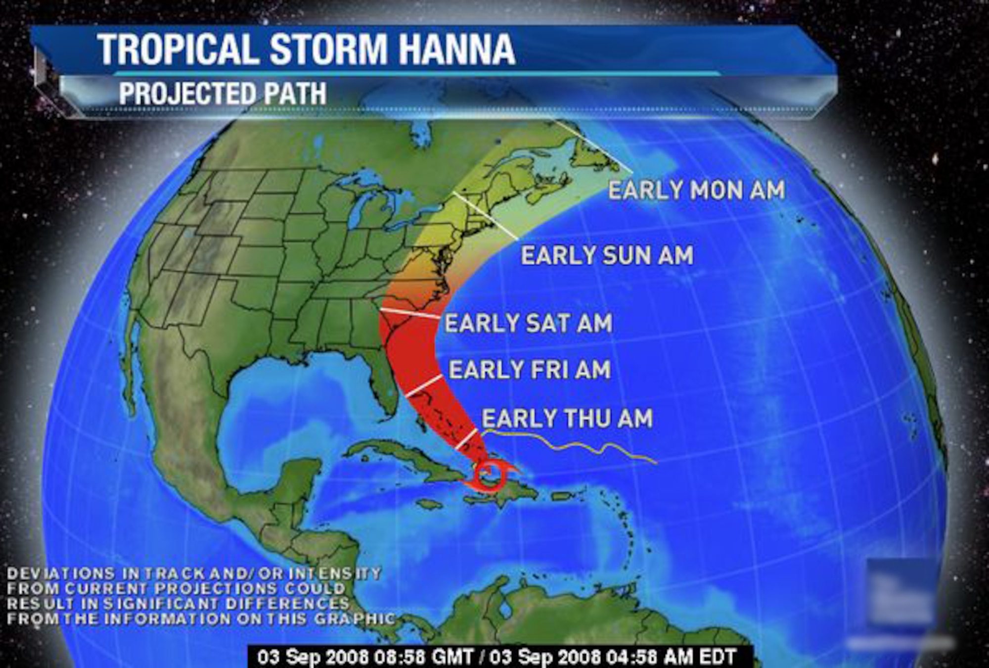The current projected path of Hurricane Hannah has the storm most likely making landfall somewhere between Georgia and South Carolina. 