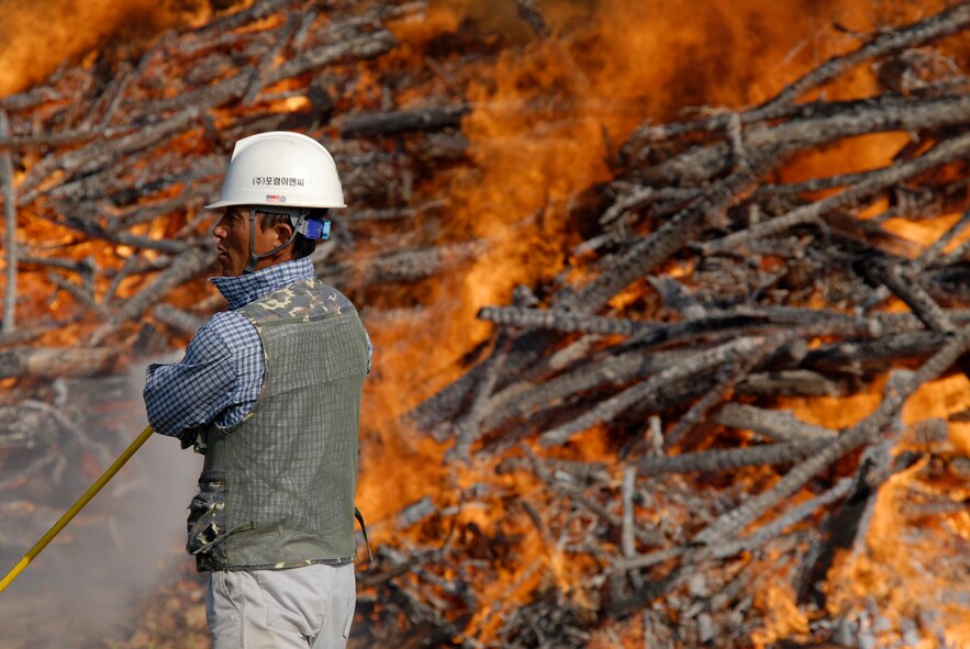 Mr. Je Ho So, a laborer working for Ausko Construction, sprays down the ground around a burning pile of trees that have been infected with Pine Blight to keep the fire from spreading on 30 Aug 2008 at Kunsan AB, South Korea.  The trees were burnt to keep the other trees in the area from being infected with the disease. (U.S. Air Force photo/Staff Sgt. Jason Colbert)