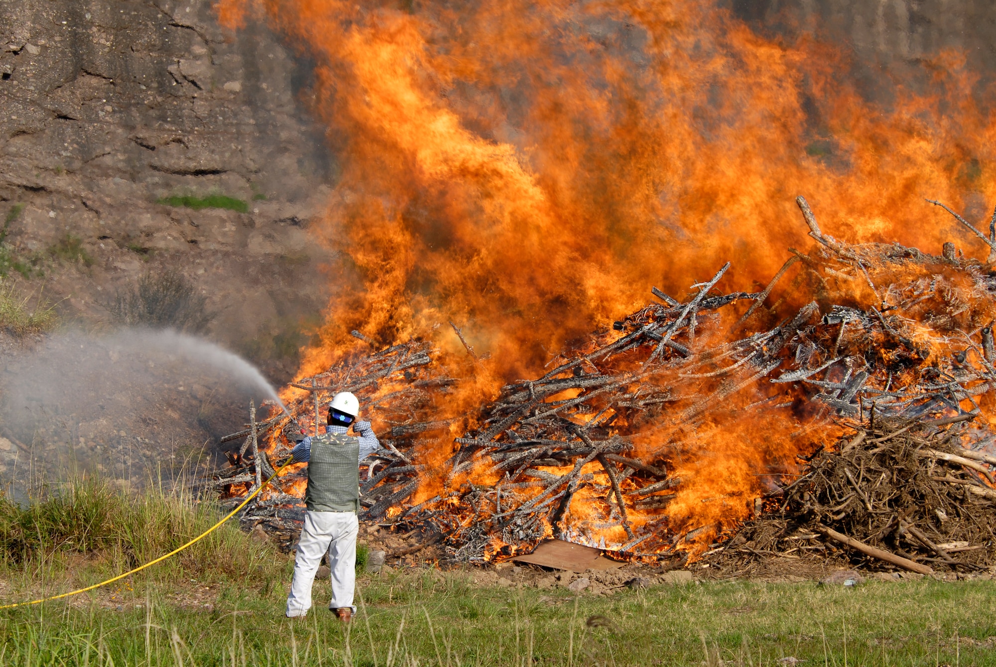 Local contractor, Je Ho So, wets the ground around a burning pile of tree limbs with Pine Blight to keep the fire from spreading here Aug. 30. The limbs were removed and burned to eradicate the infection and prevent it from spreading to other trees in the area. (U.S. Air Force photo/Staff Sgt. Jason Colbert)